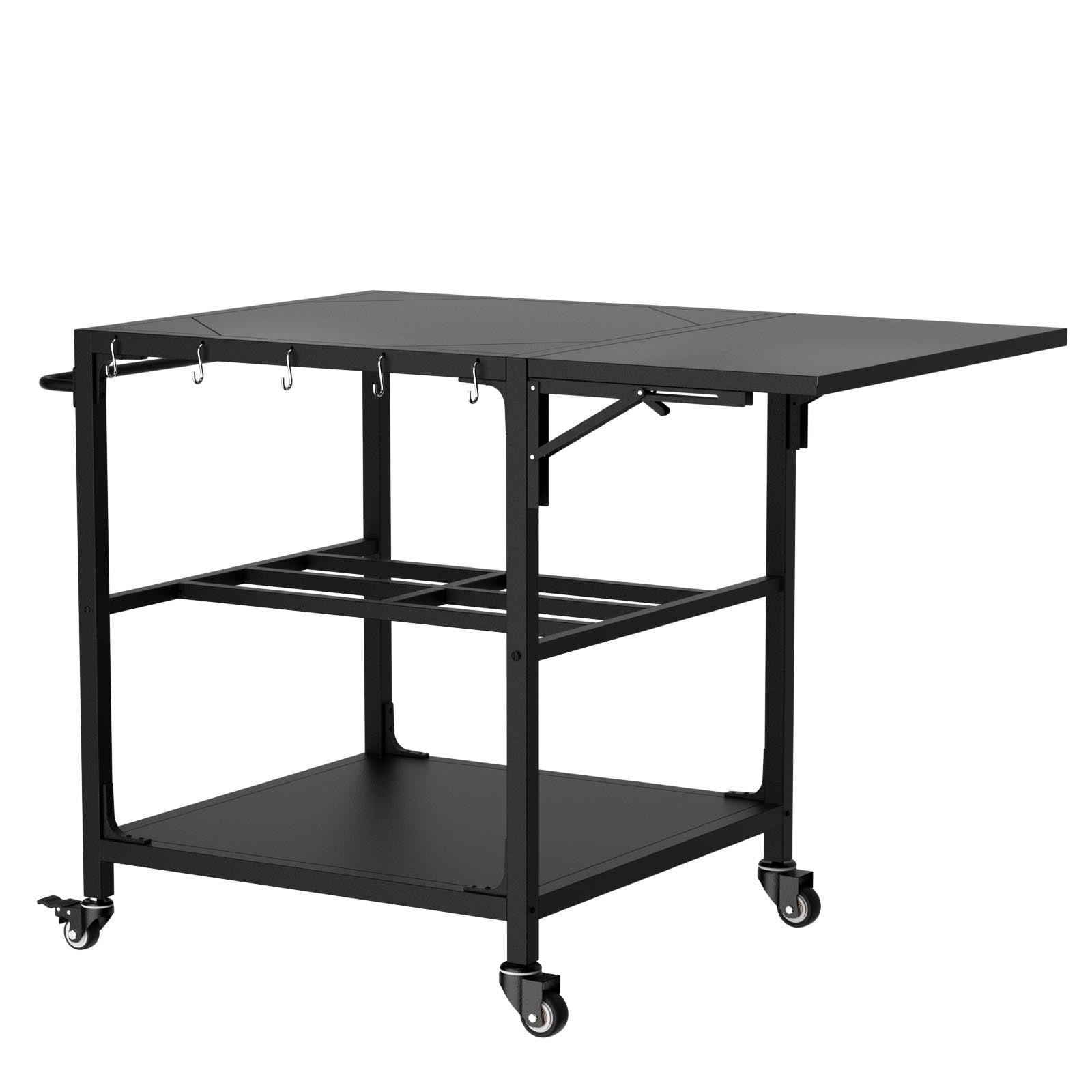 Outdoor Grill Table, Prep Cart With Wheels, Storage Shelf And Hooks - Black
