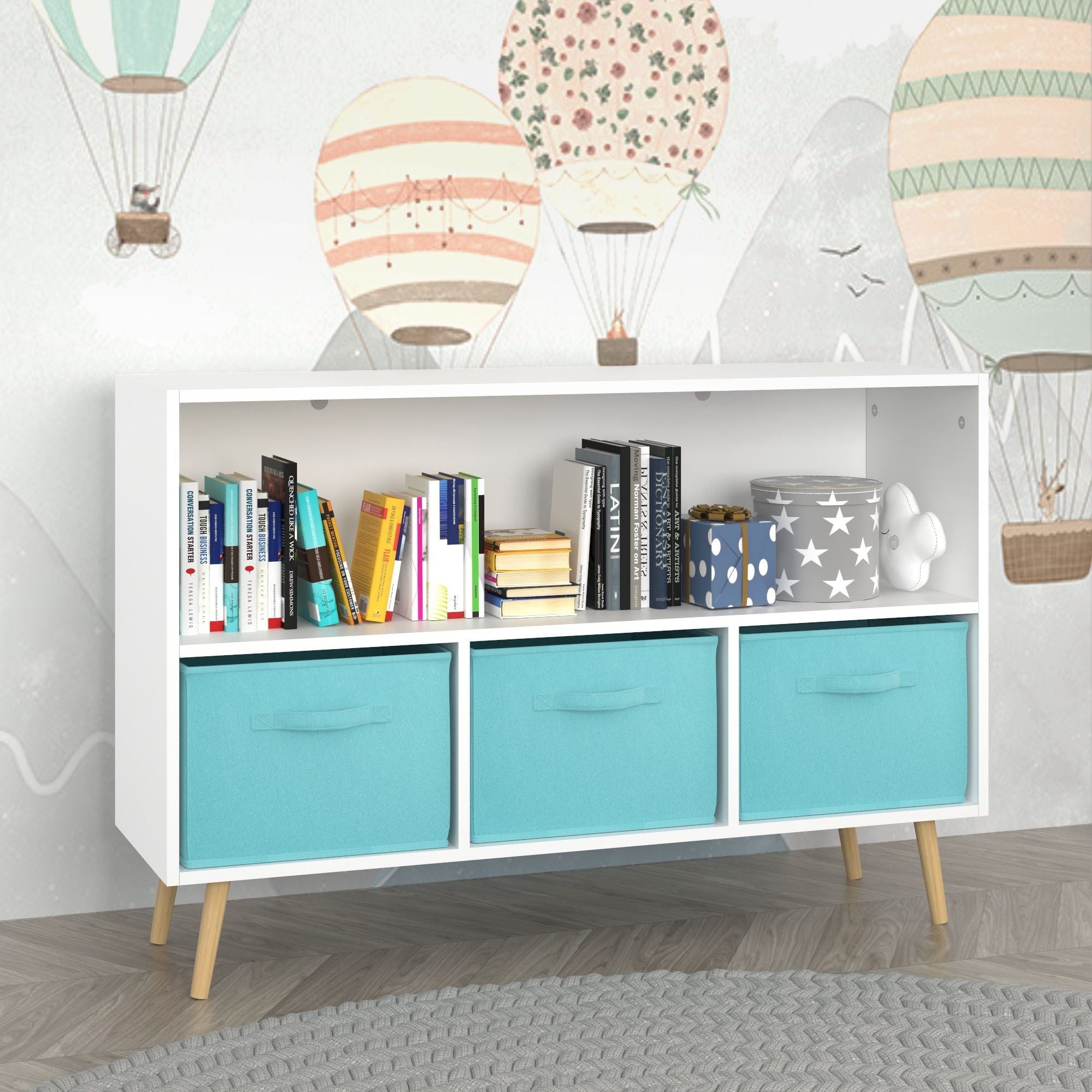 Bookcase With Collapsible Drawers, Book Display Storage Cabinet Organizer - White / Blue
