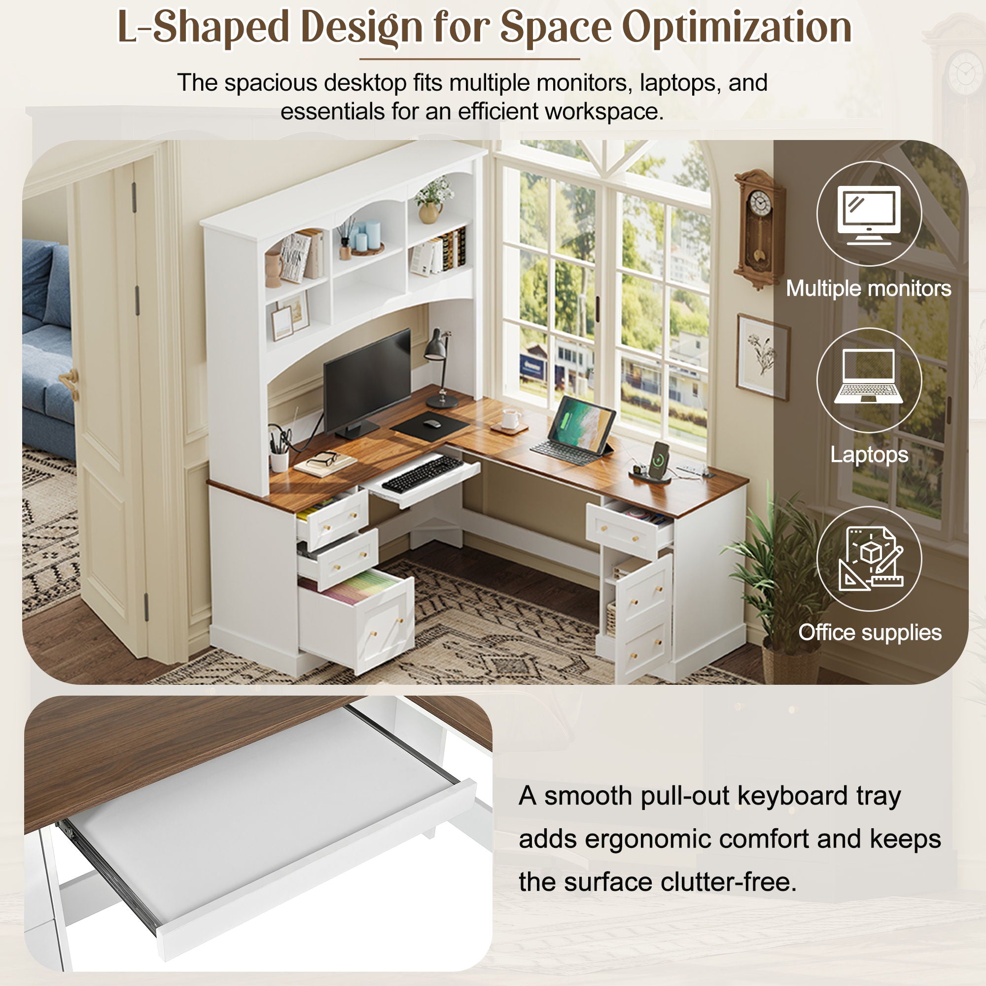 Space Saving L-Shaped Computer Desk With Keyboard Tray & Charging Stations