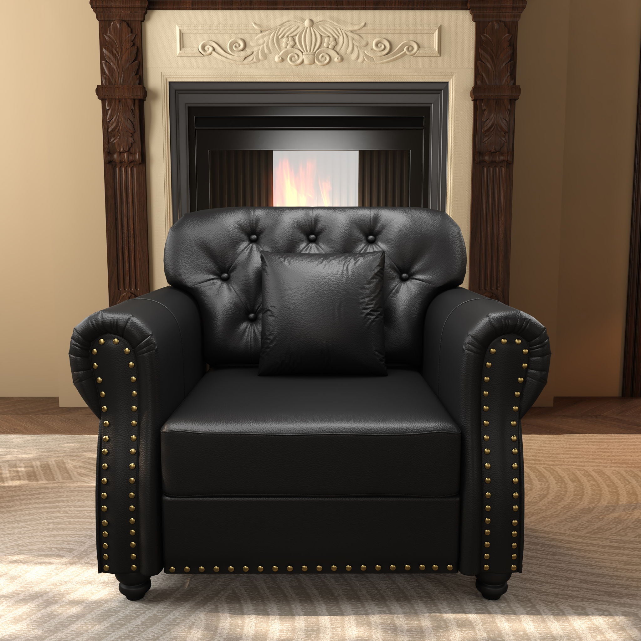 Upholstered Sofa With Nailhead Trim, Rolled Armrests With Ottoman