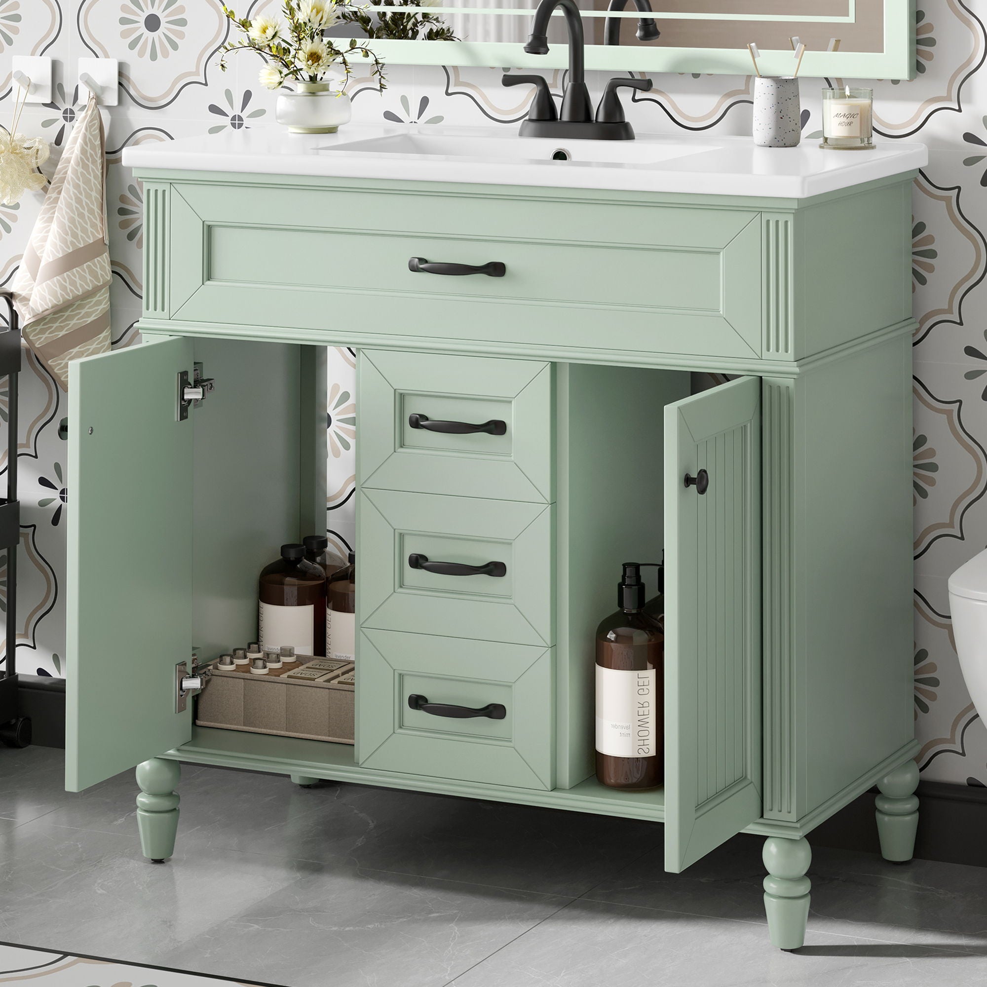 Bathroom Vanity With Sink, Flip-Out Top Drawer, Soft Close Doors, 2 Storage Drawers