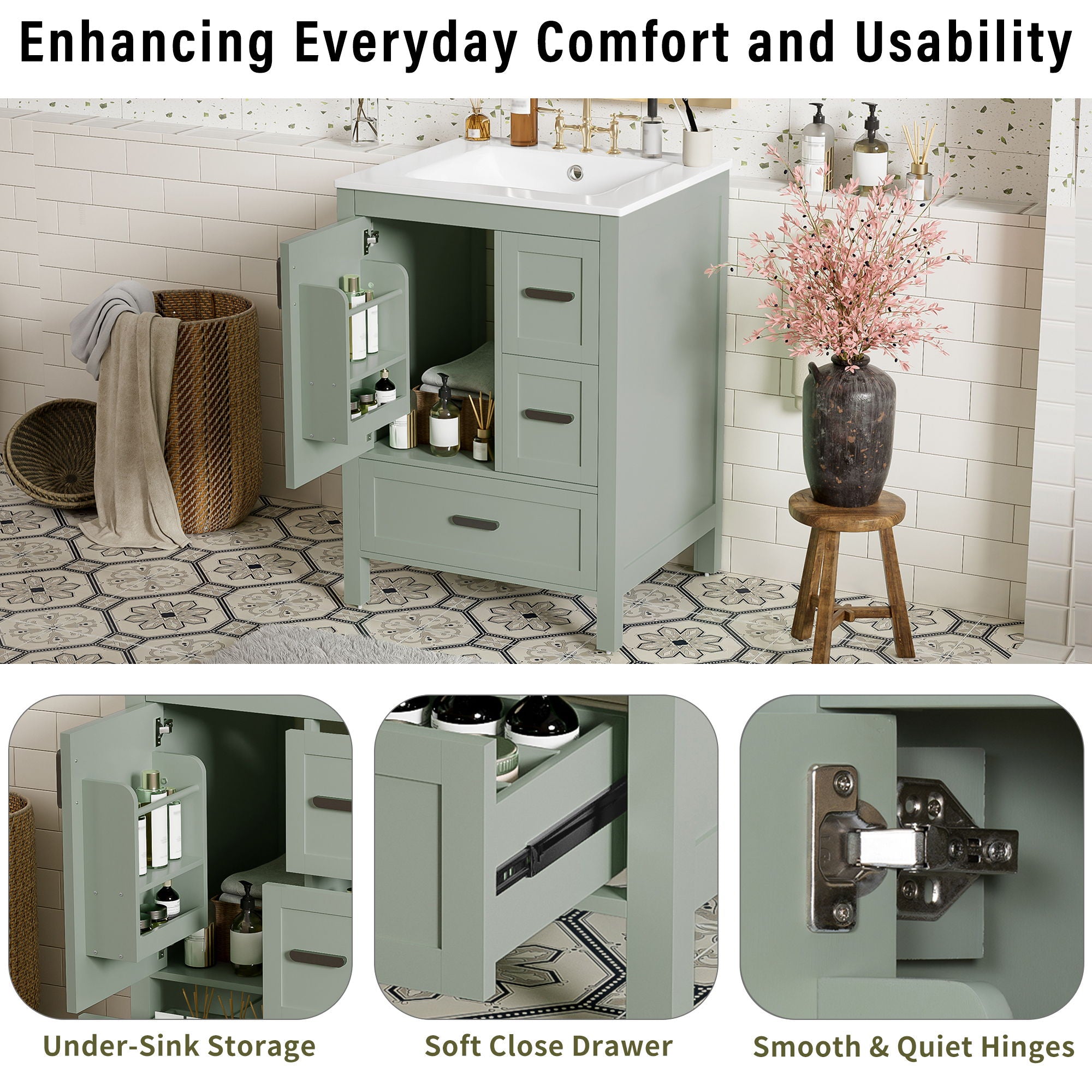Bathroom Vanity With Sink, Soft-Close Doors, Double-Layer Shelf And 3 Drawers