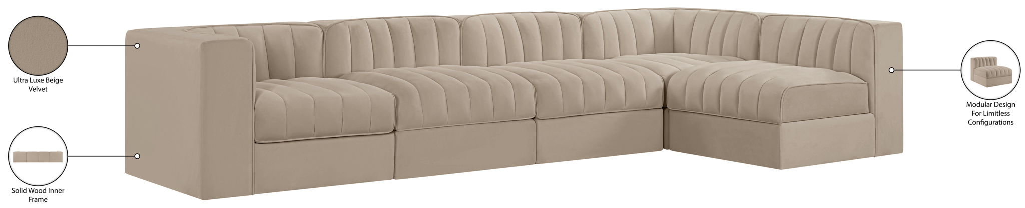 Rummi - Velvet Performance Fabric Upholstered 5 Piece Modular Sectional, L-Shaped (Right)