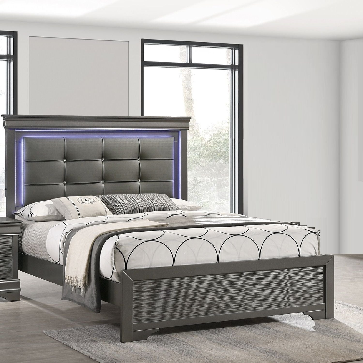 Bed With Square Button Tufting And LED Lights