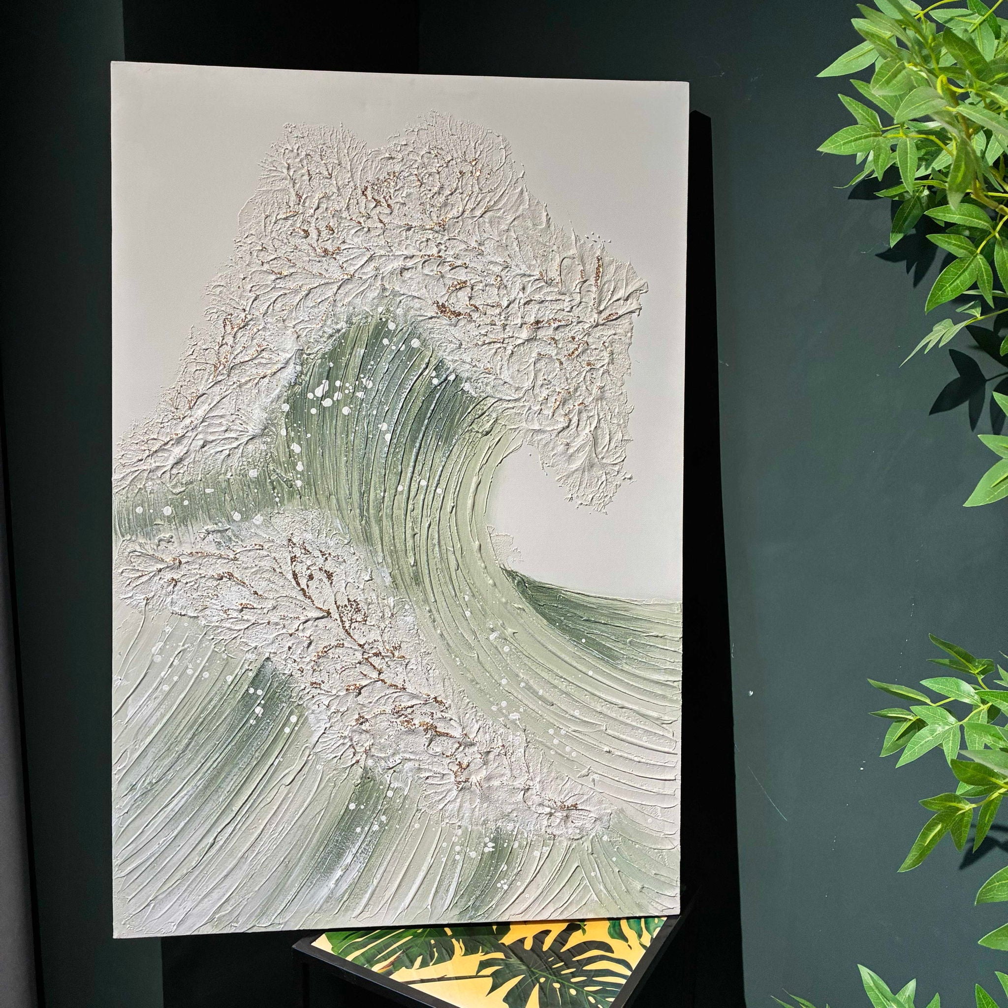 Ocean Wave Wall Art, Textured Canvas Painting With Accents (Set of 2) - Sage Green+Gold