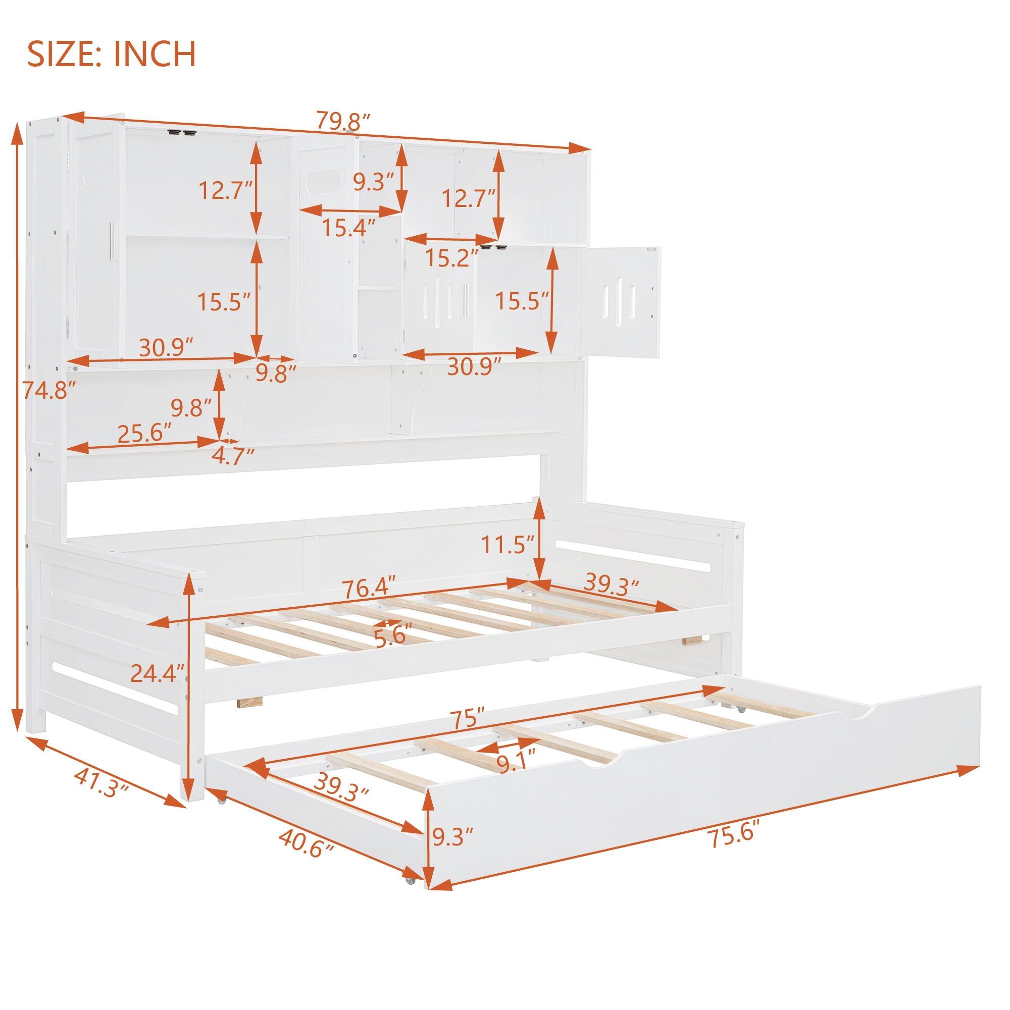 Twin Size Wooden Daybed With Twin Size Trundle, And All In One Cabinet And Shelf - White