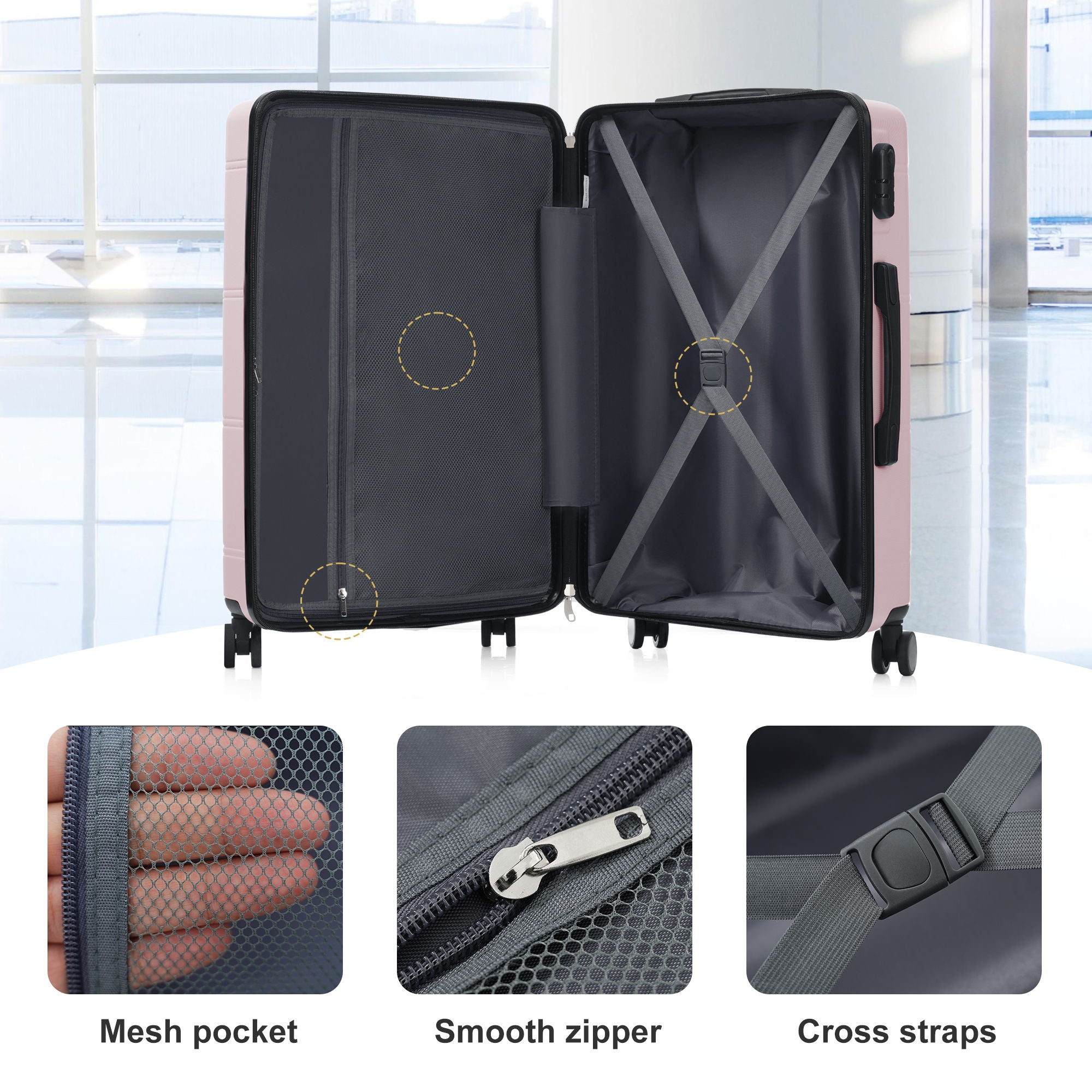 6 Piece Lightweight Hardshell Luggage Set With Double Spinner Wheels, Password Lock