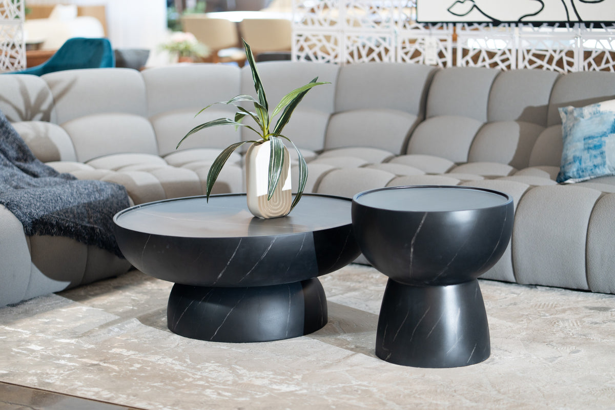 Akron - Modern Black & White Faux Marble Round Coffee Table
