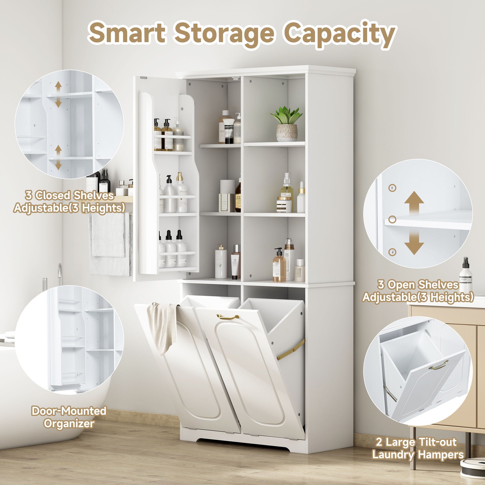 Freestanding Tall Storage Cabinet With 2 Tilt Out Hampers