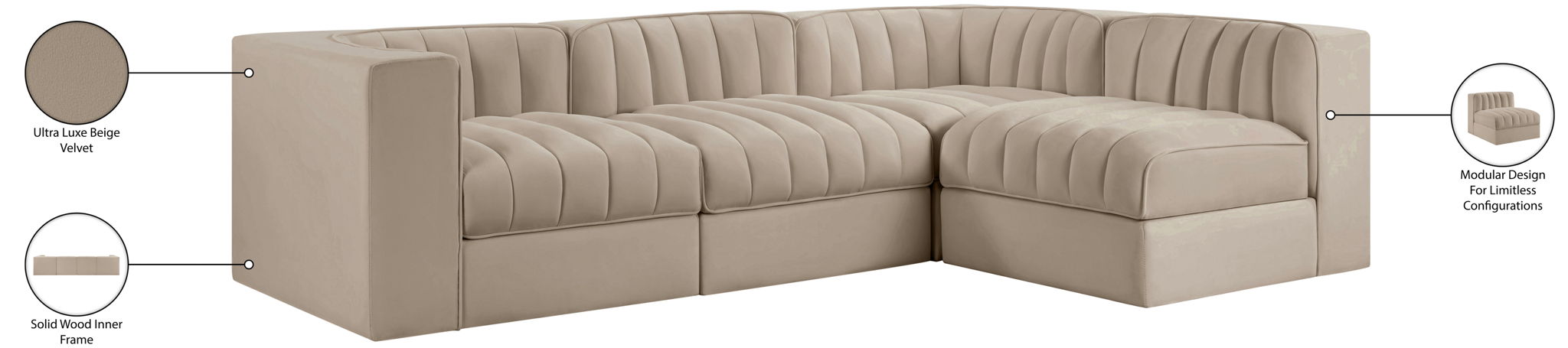 Rummi - Velvet Performance Fabric Upholstered 4 Piece Modular Sectional