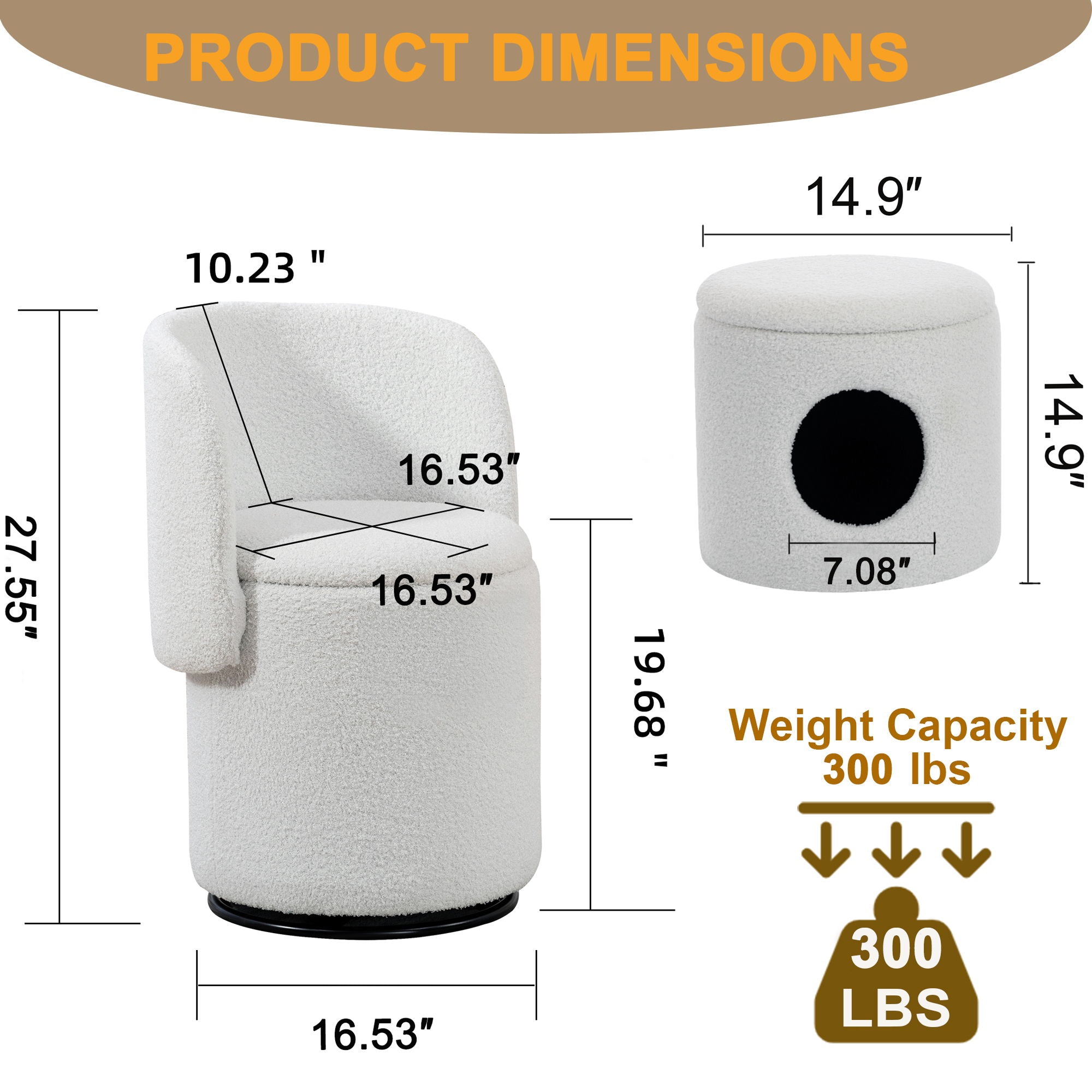 Barrel Chair & Built In Storage, 360° Swivel - Beige