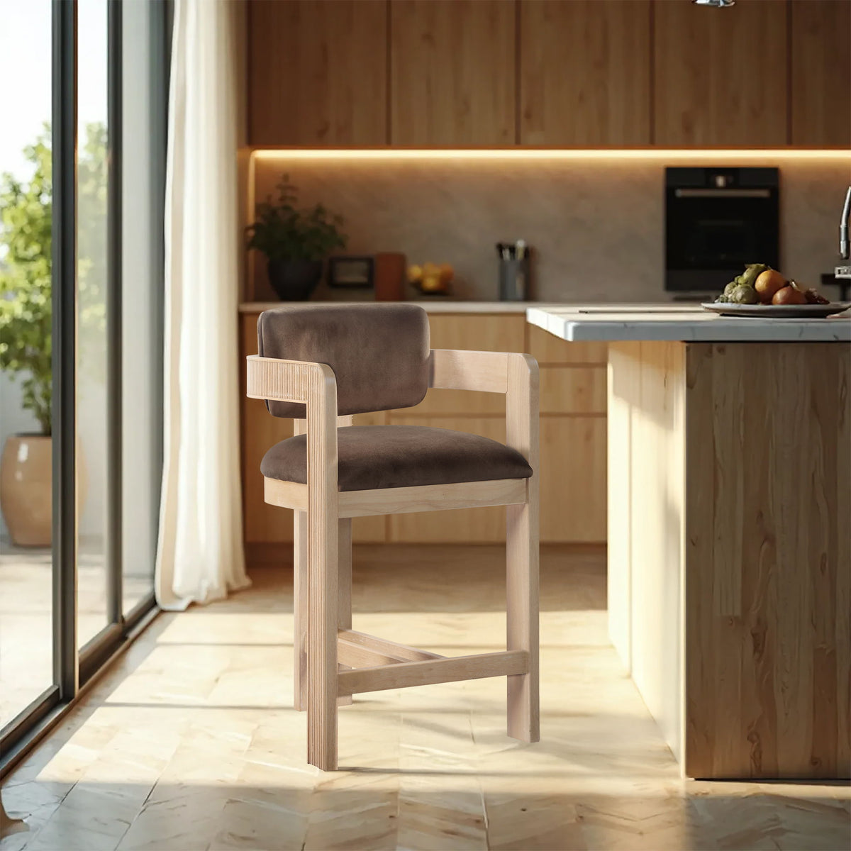 Sacha - Velvet Stool With Natural Base