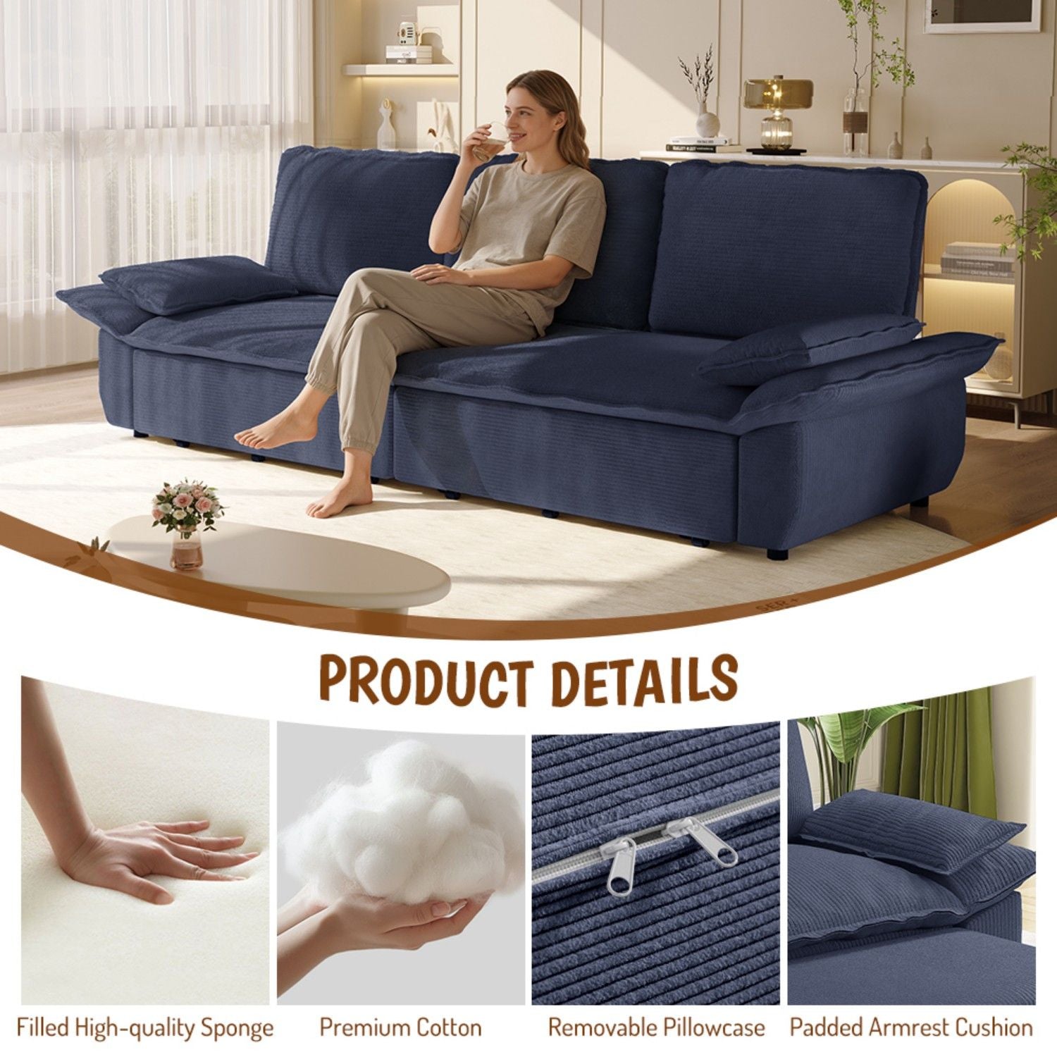 King Size Pull Out Sofa Bed, 3 In 1 Convertible Multifunctional