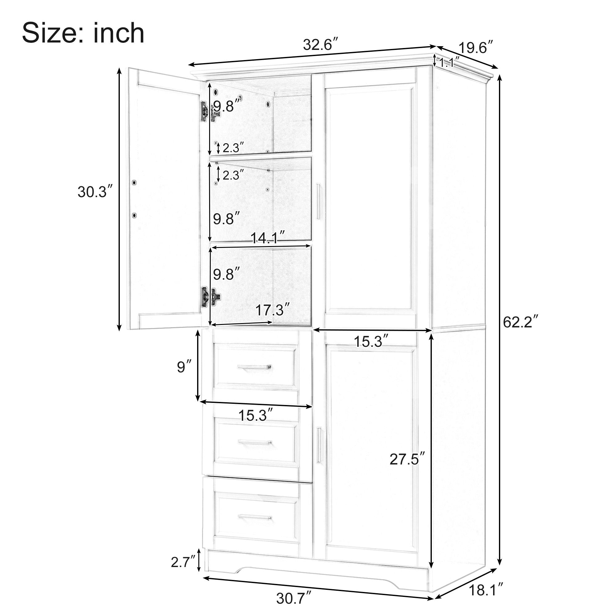 Tall And Wide Storage Cabinet With Doors, 3 Drawers