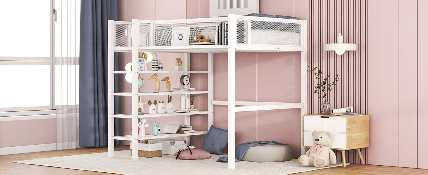 Twin Size Loft Bed With 4 Tier Shelves And Storage - White