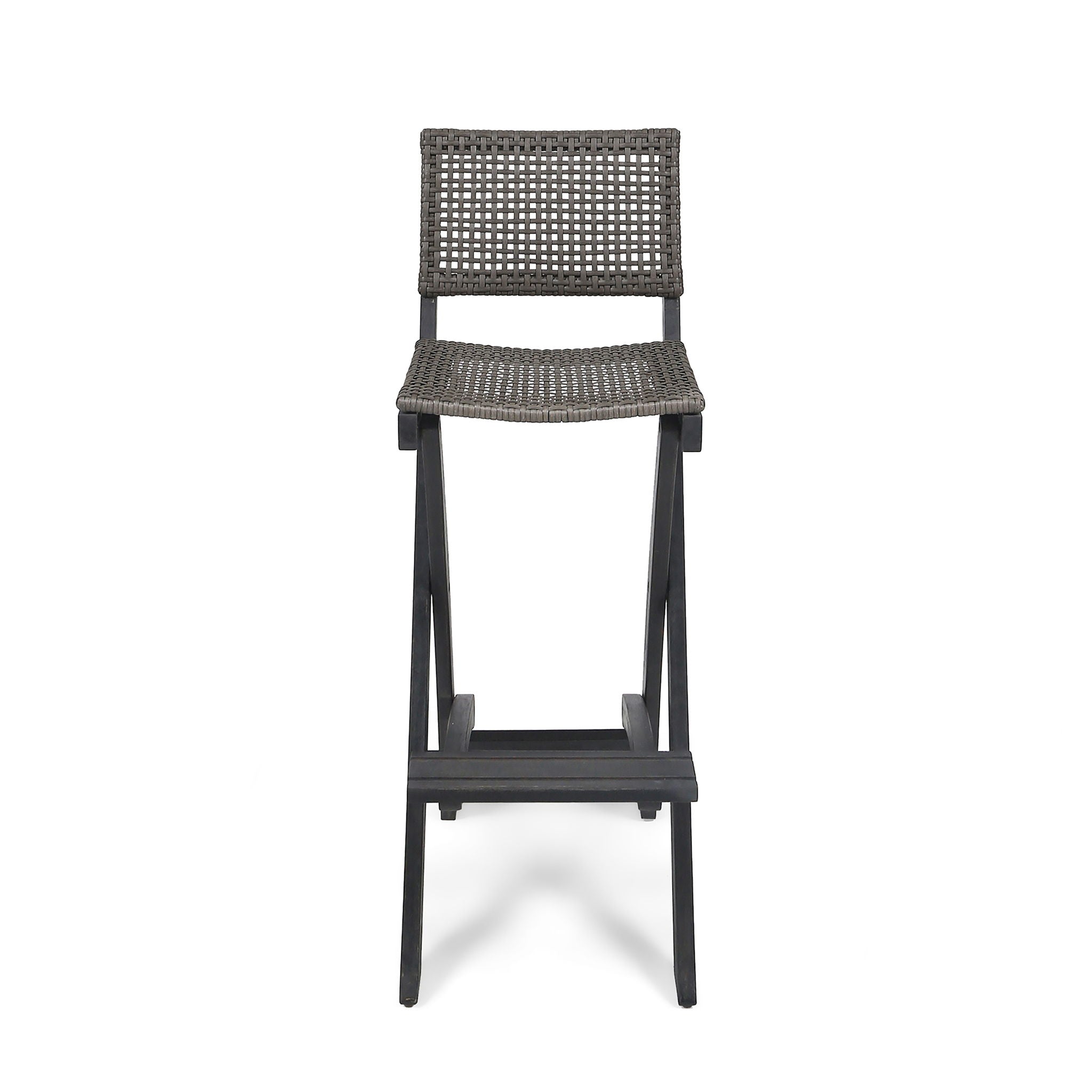 Outdoor Folding Acacia Wood Barstools With Rattan Backrest And Seat, (Set of 2) - Dark Gray