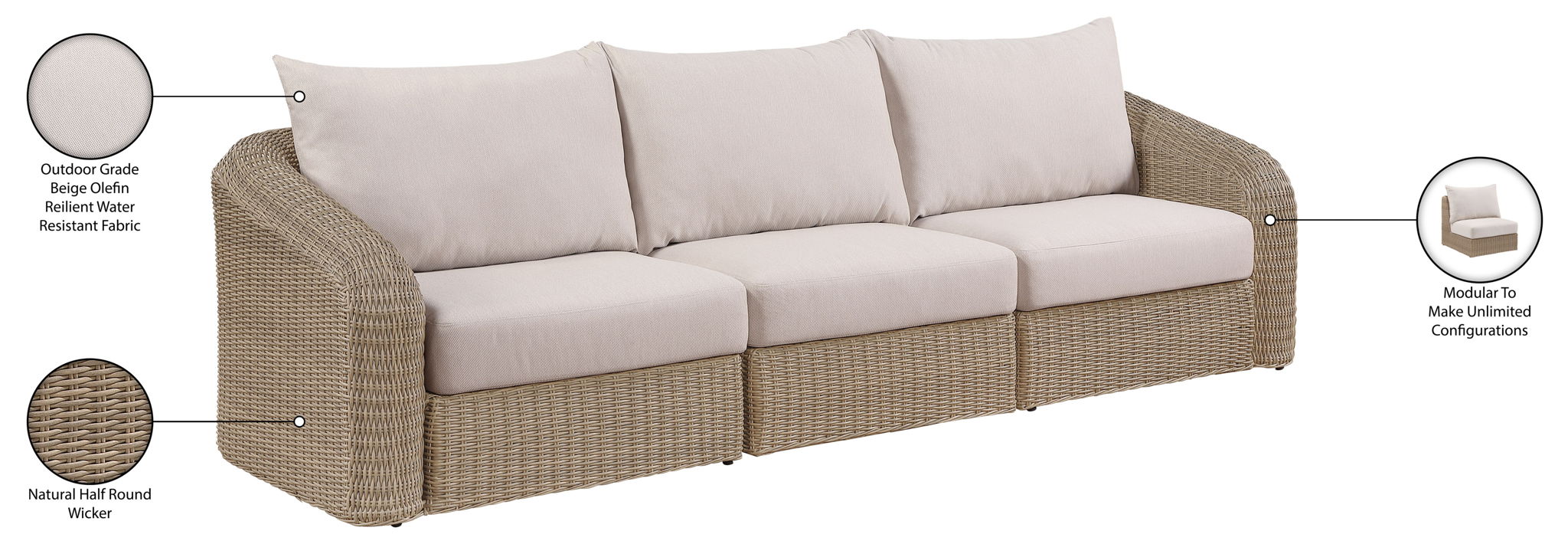 Seacrest - Olefin Water Resistant Fabric And Wicker 3 Piece Outdoor Patio Modular Sofa