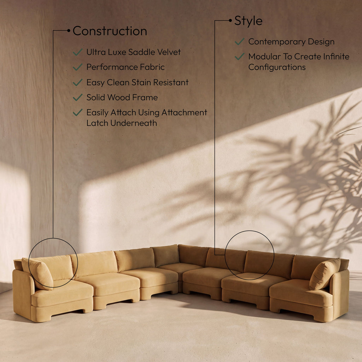Hammond - Velvet Performance Fabric Upholstered 7 Piece Corner Sectional