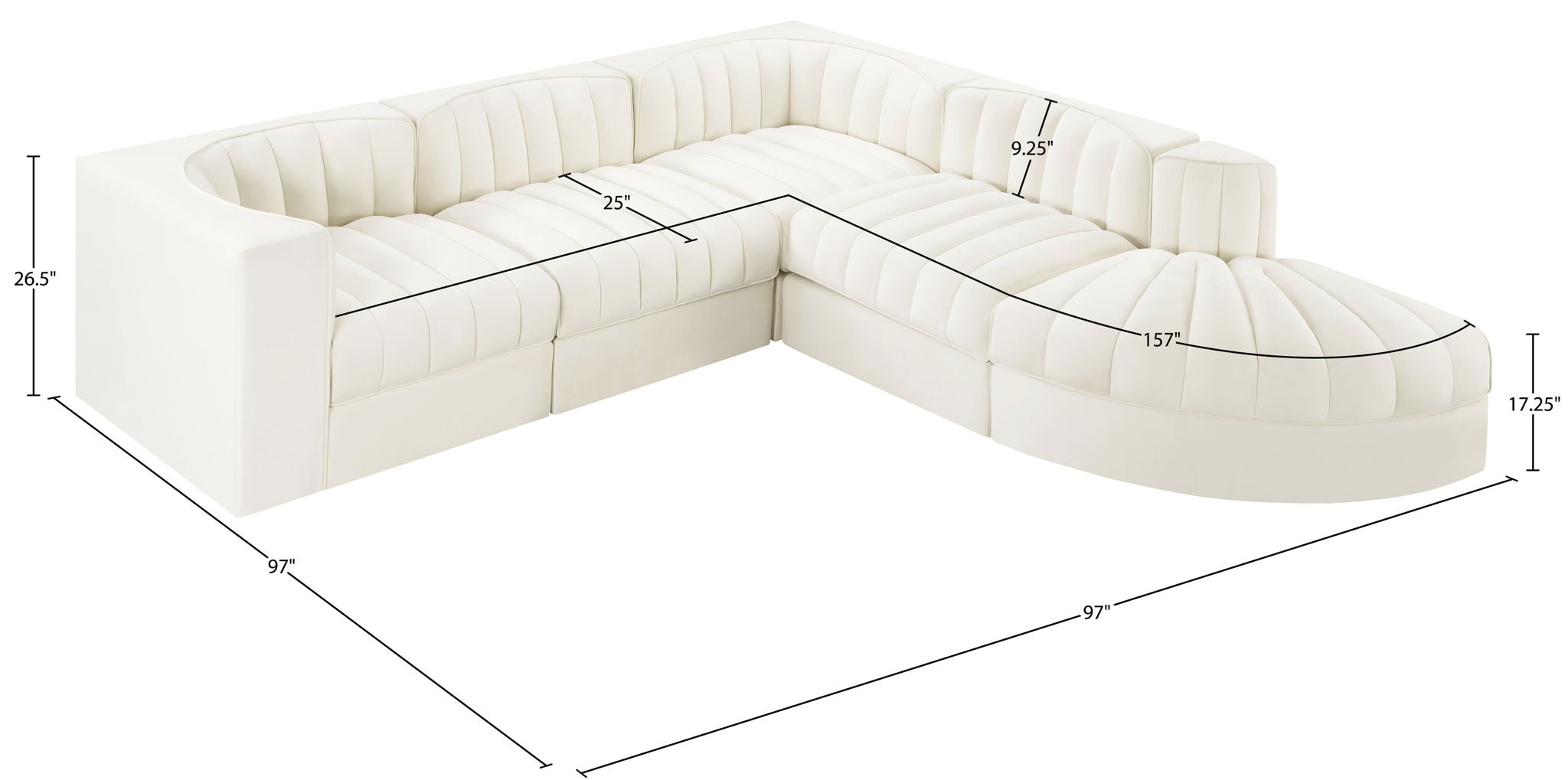 Rummi - Velvet Performance Fabric Upholstered 5 Piece Modular Sectional