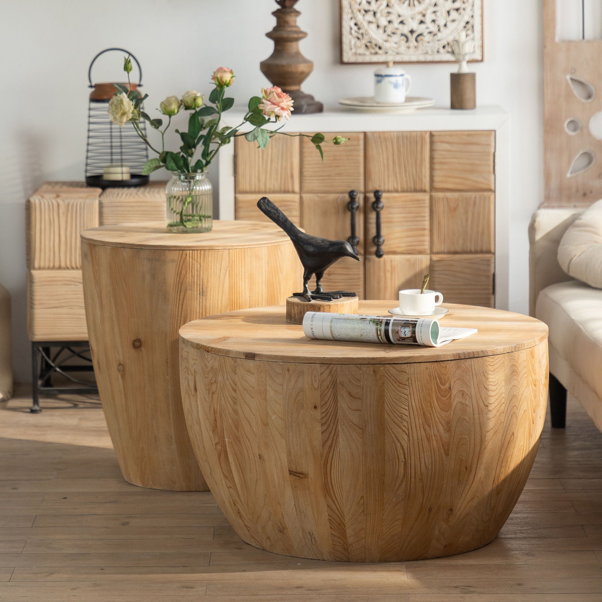 Barrel Coffee Table With Storage For Living Room - Natural