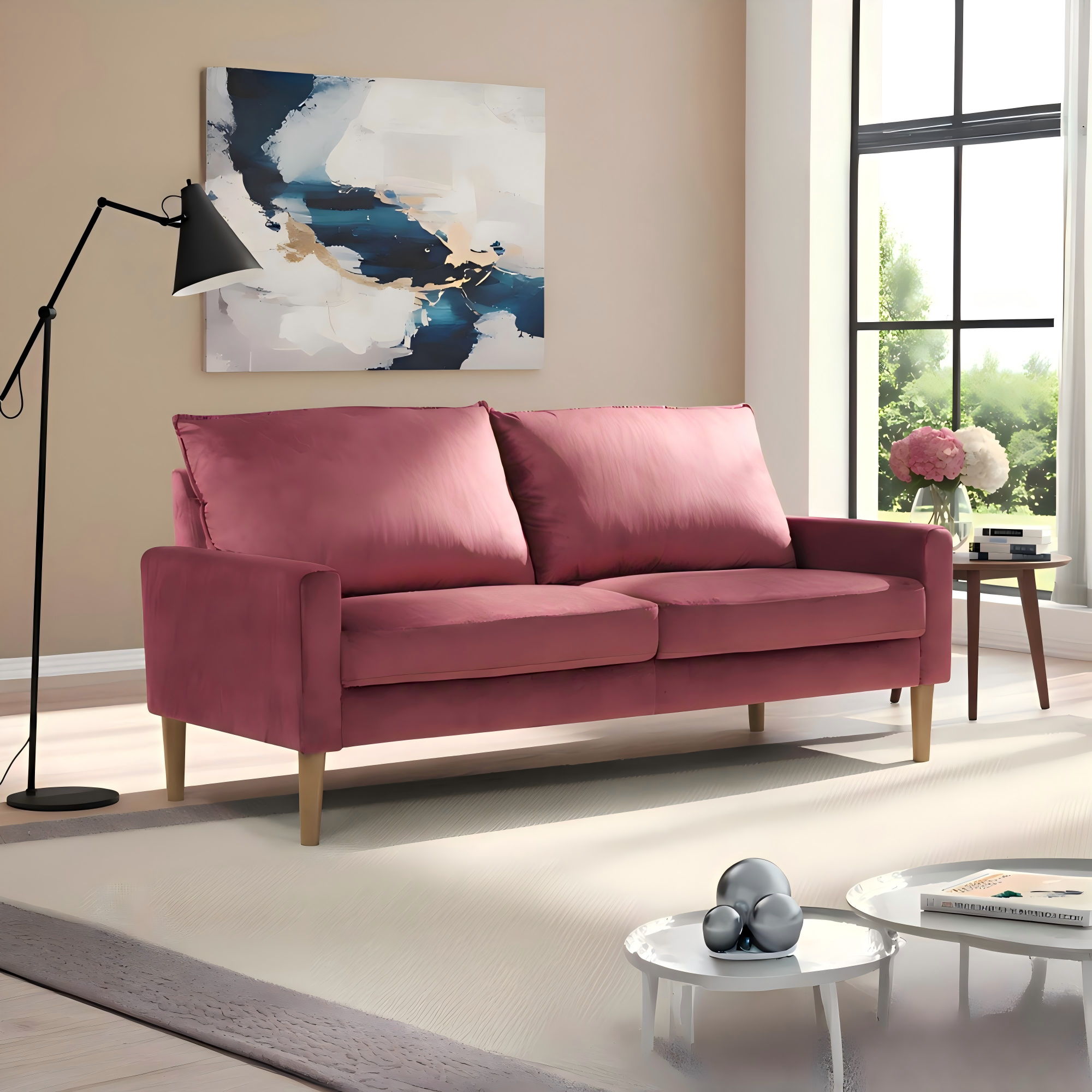 Upholstered Sofa, 3 Seater Couch For Living Room - Burgundy
