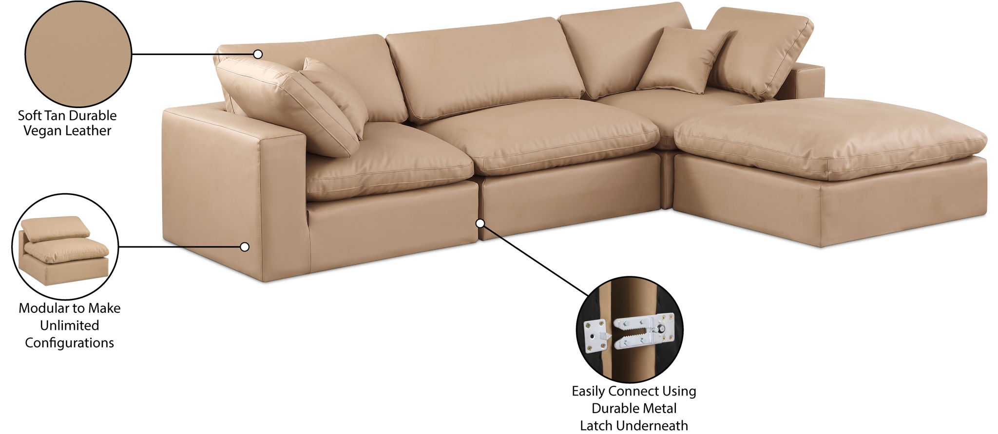 Comfy - 4 Piece Faux Leather Modular Sectional With Chaise - Tan