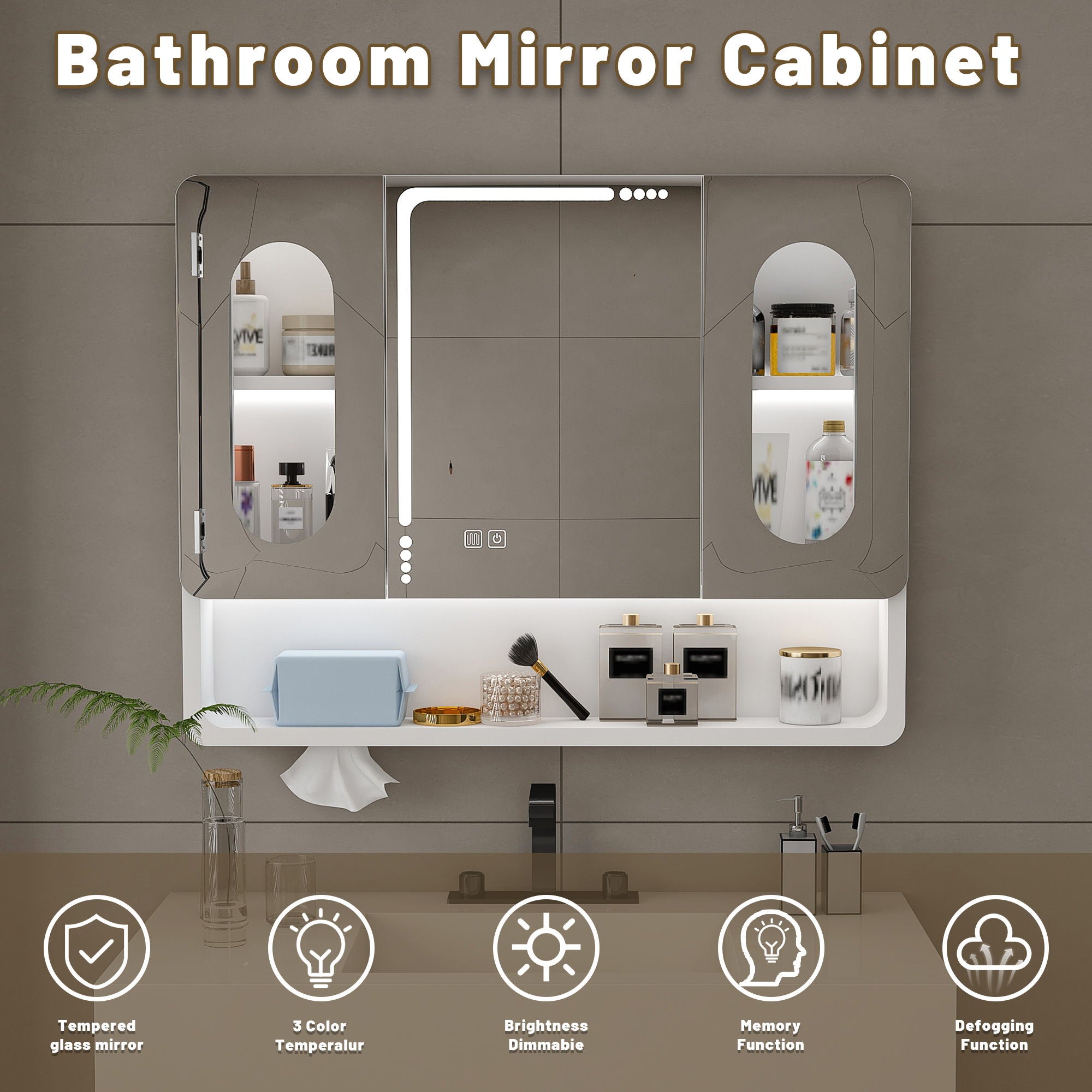 Wall Mounted Bathroom Mirror Cabinet With LED Lights, Anti Fog & Explosion Proof, Touch Control Medicine Cabinet, 3 Color Lighting - White