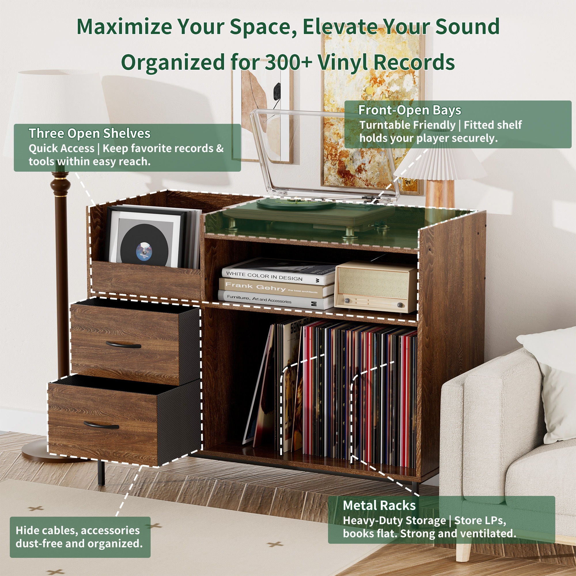 Grain Record Player Stand, Media Console With Speaker Shelf & 2 Drawers