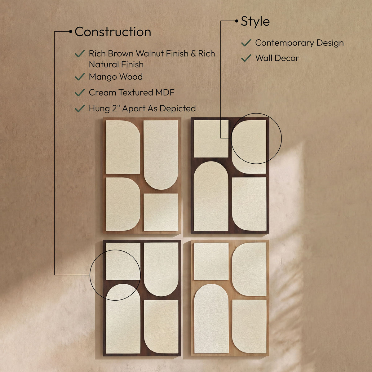 Icon - Mango Wood 4 Piece Wall Art - Brown / Natural