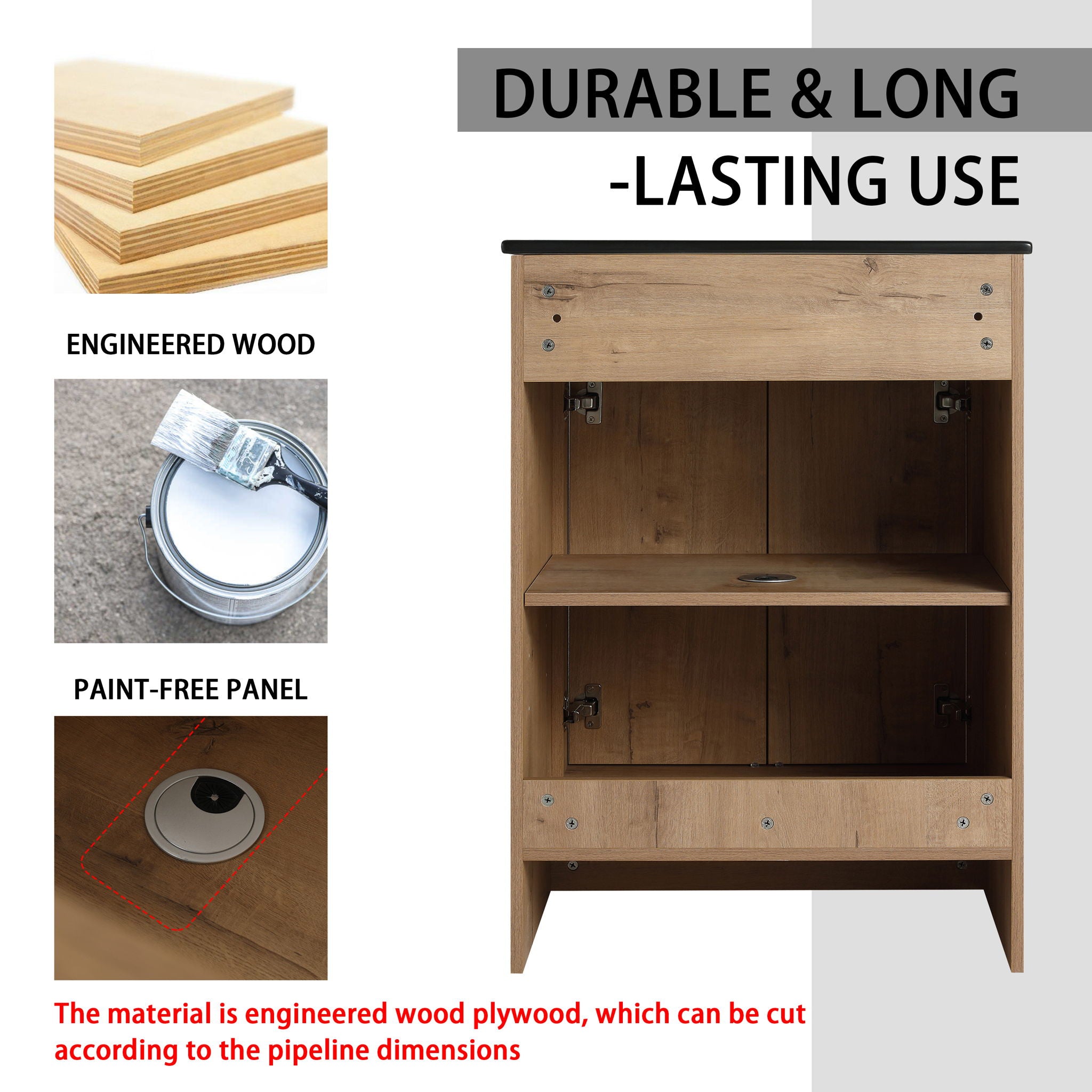48" Freestanding Bathroom Vanity With Sink And 2 Storage Cabinets, Soft Closing Door - Glossy White / Imitative Oak