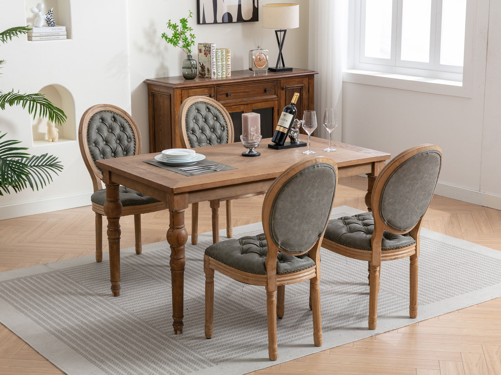 French Style Solid Wood Frame Antique Painting, Hand-Pulled Buckle Decoration Artificial Dining Chair With Nailhead Trim, Wood Legs