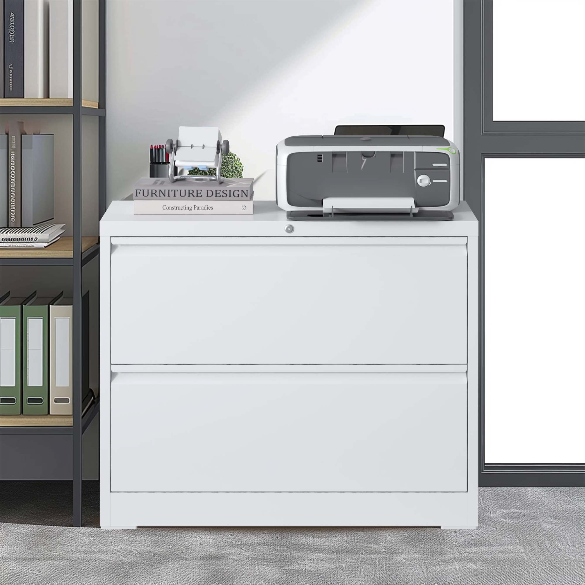 Lateral File Cabinet 2 Drawer, Locking File Cabinet With Anti Tip Interlock, Heavy Duty Storage For Letter / Legal / A4 Files - White