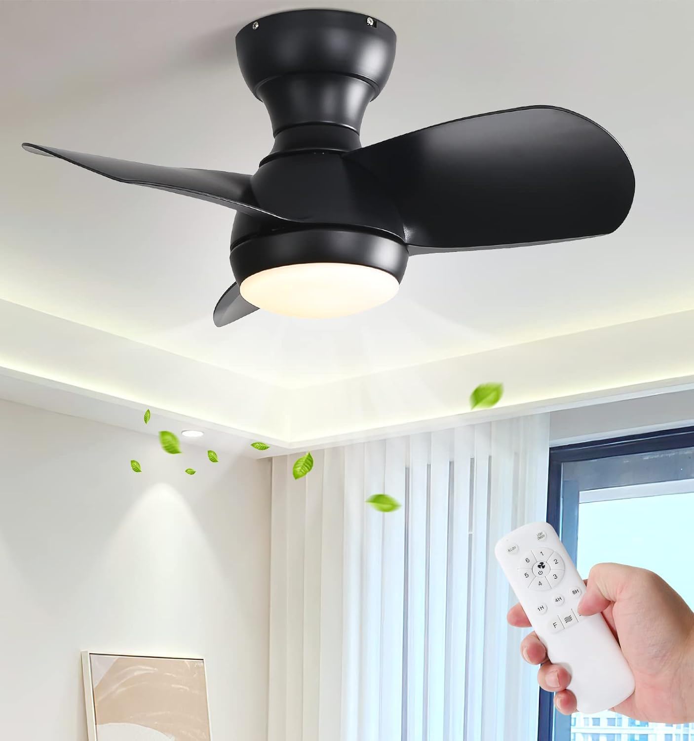23" Bedroom Ceiling Fan With 3 Color Dimmable 3 ABS Blades Remote Control Dc Motor With 18W Led Light