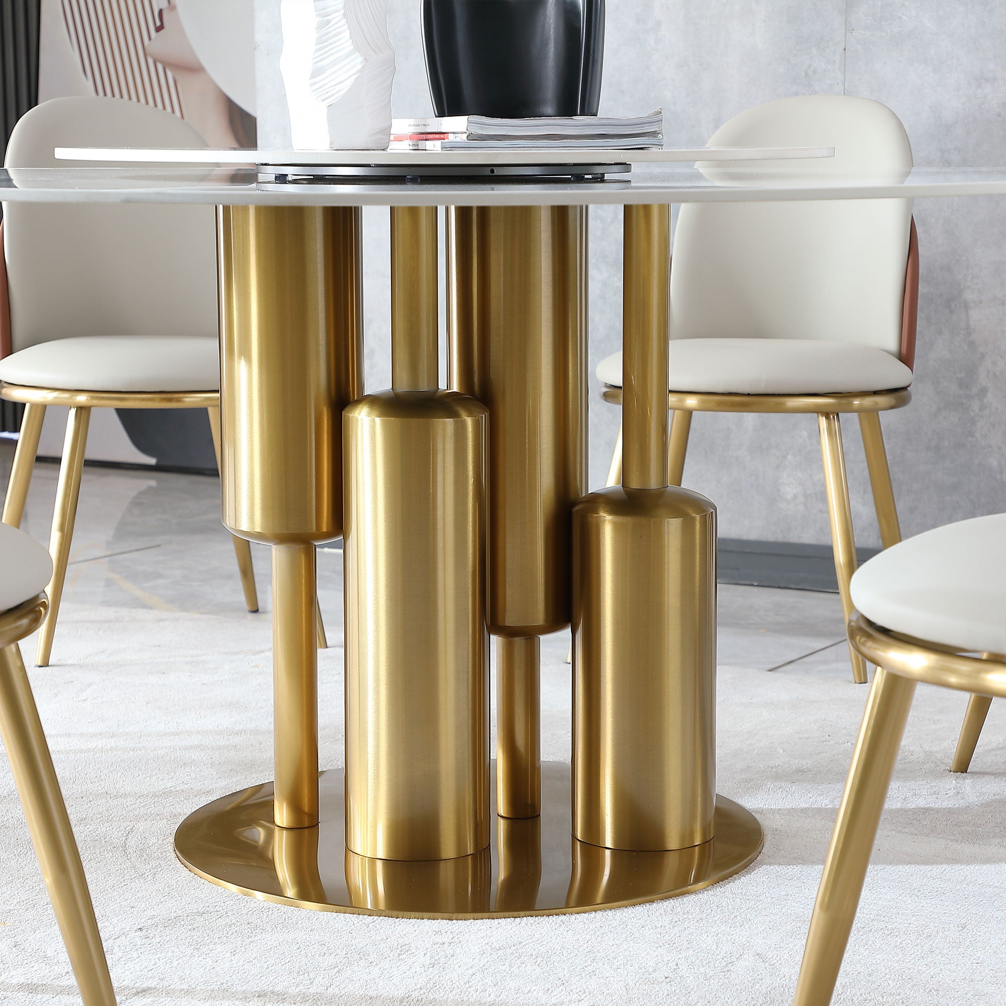 Dining Table, Round For Dining Room - Gold / Gold / White