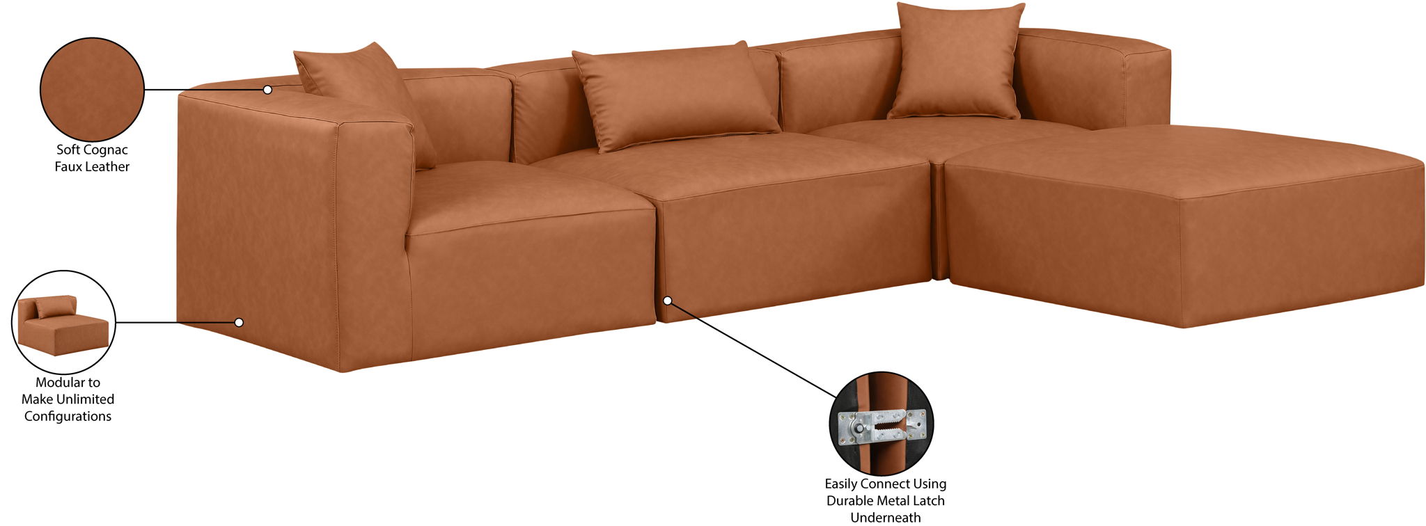Cube - 4 Piece Modular Sectional With Chaise - Cognac