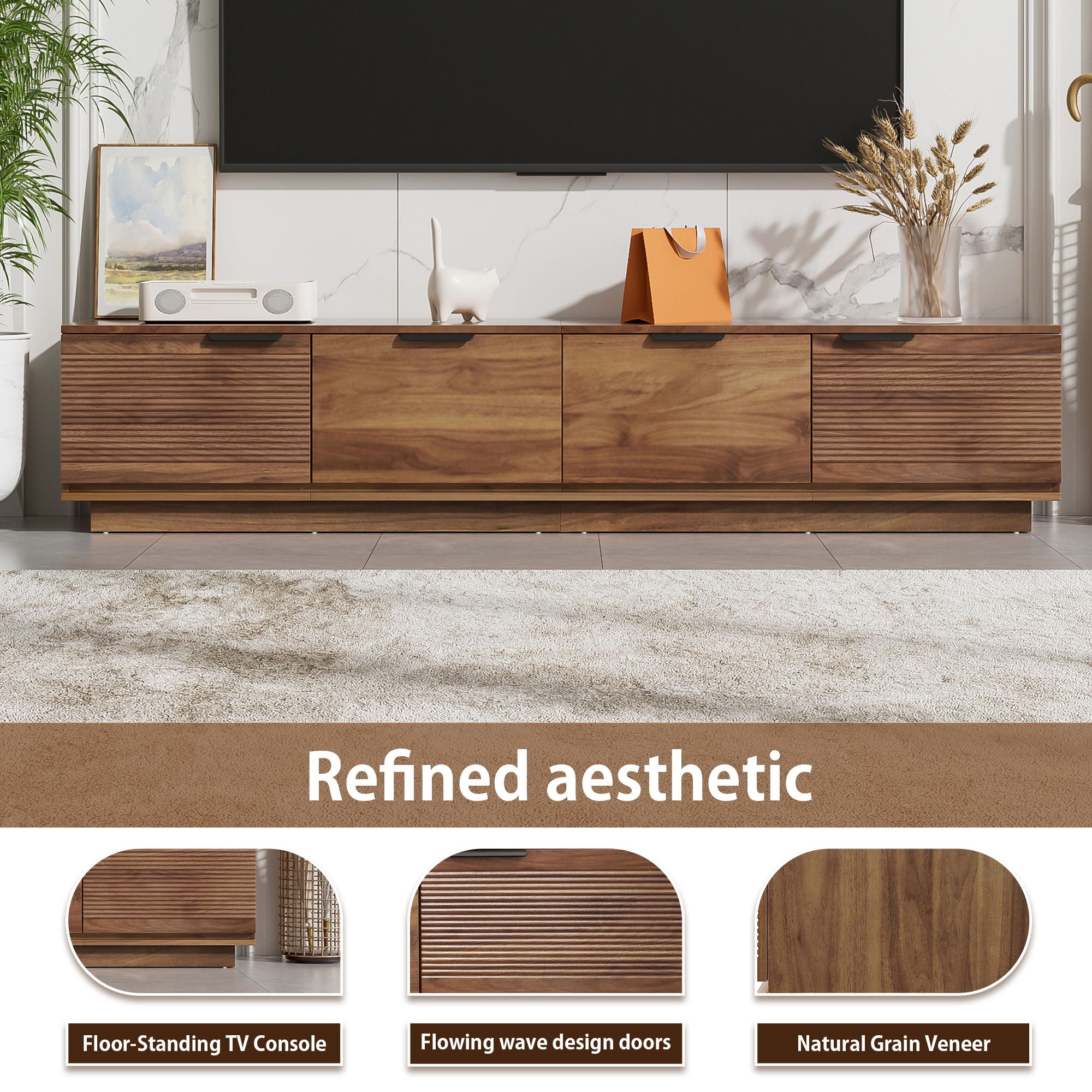TV Stand, Entertainment Center & Fluted Door & Cable Management, Soft Closing Hinges - Walnut