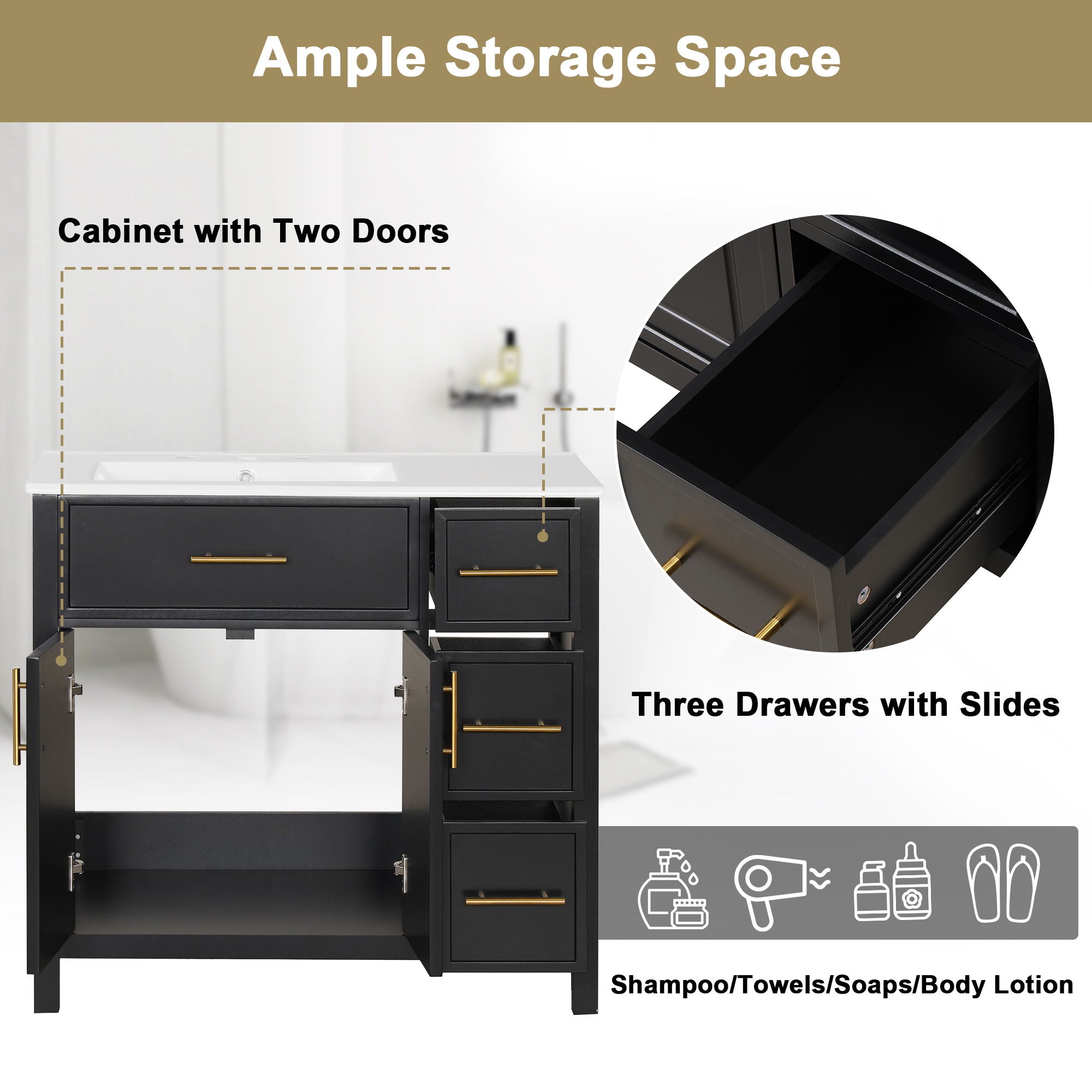 Modern Bathroom Vanity With Sink Top, 2 Doors And 3 Drawers