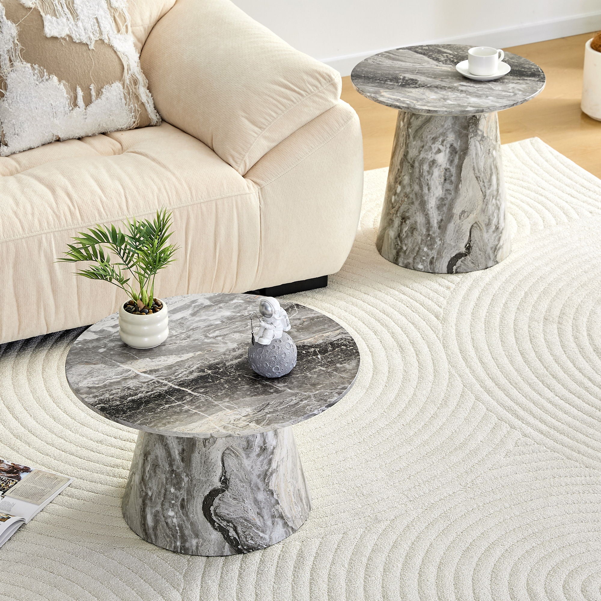Nested Coffee Table Set, Round Design For Living Room - Gray