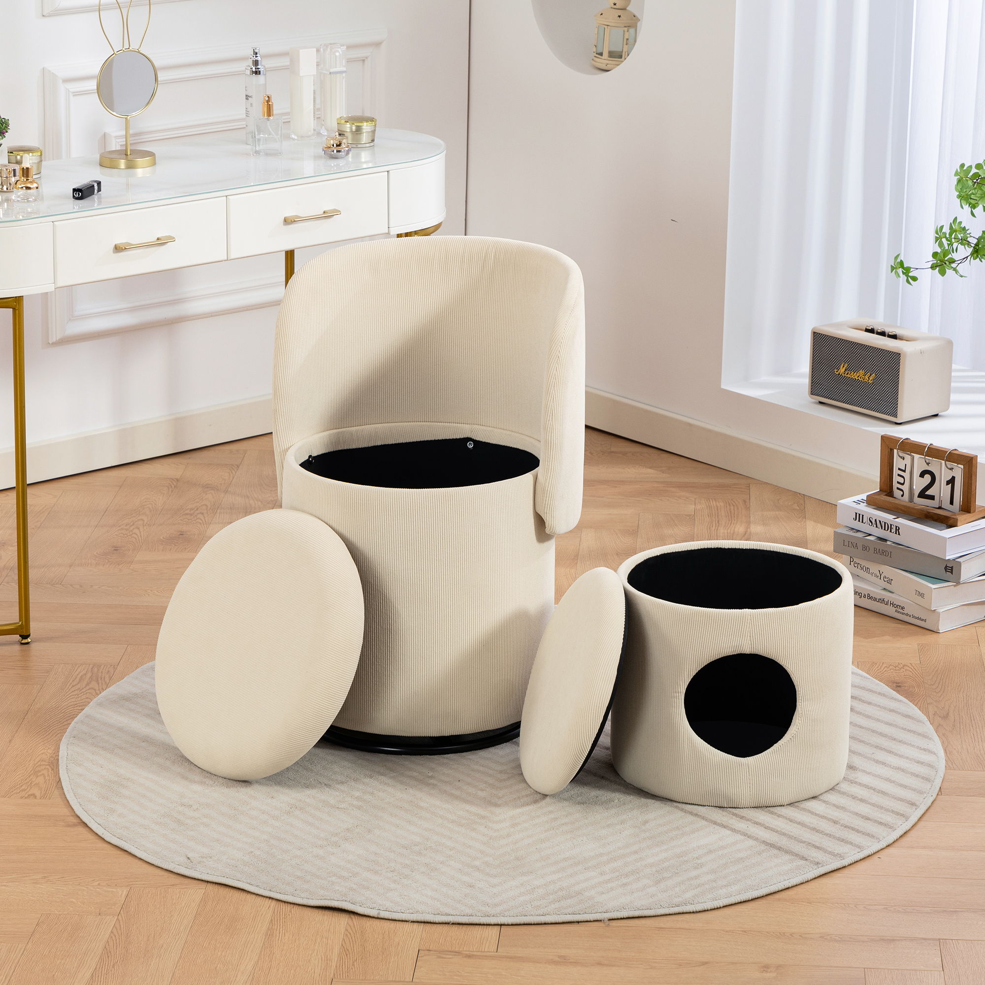 Barrel Chair, Built In Storage, 360° Swivel - Beige