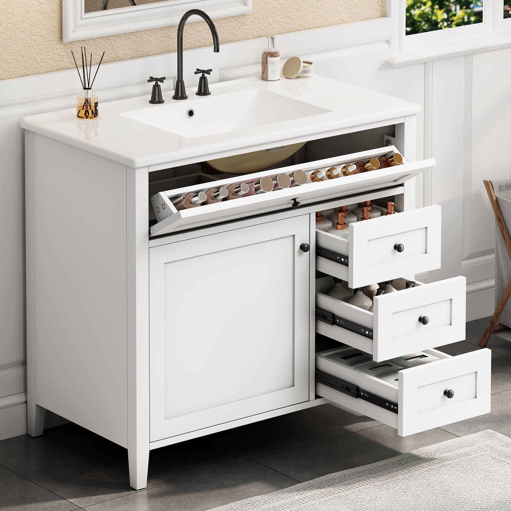 Bathroom Vanity With Sink, Cabinet With 3 Drawers And Adjustable Shelf
