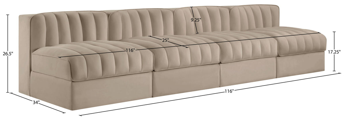 Rummi - Armless Velvet Performance Fabric Upholstered 4 Piece Modular Sofa