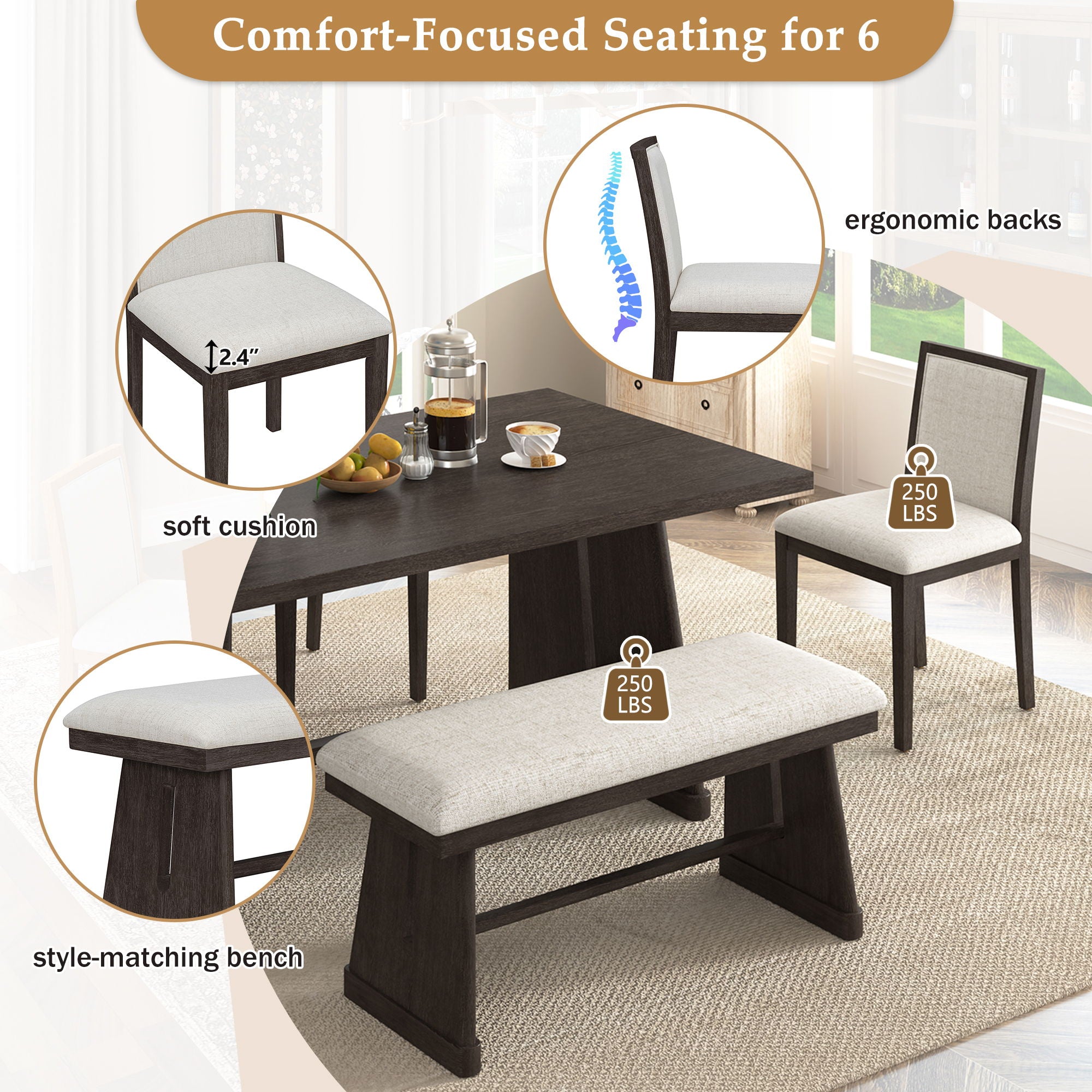 Dining Set With Rectangular Table, 4 Upholstered Chairs & 1 Padded Bench