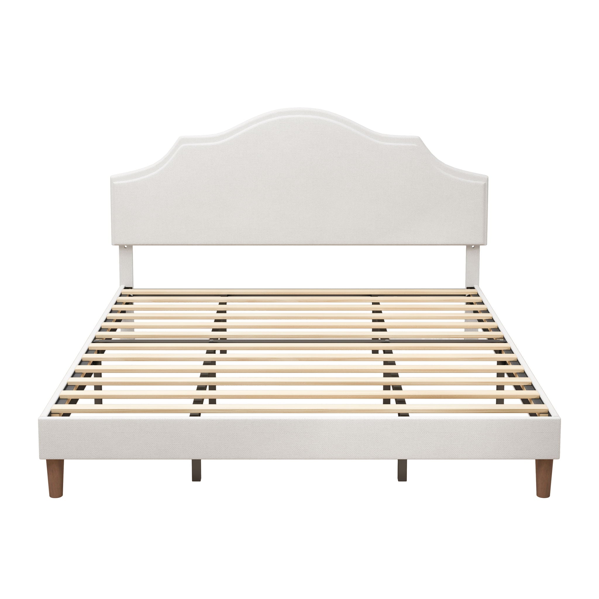 King Size, Upholstered Platform Bed Frame With Adjustable Headboard, No Box Spring Needed - White