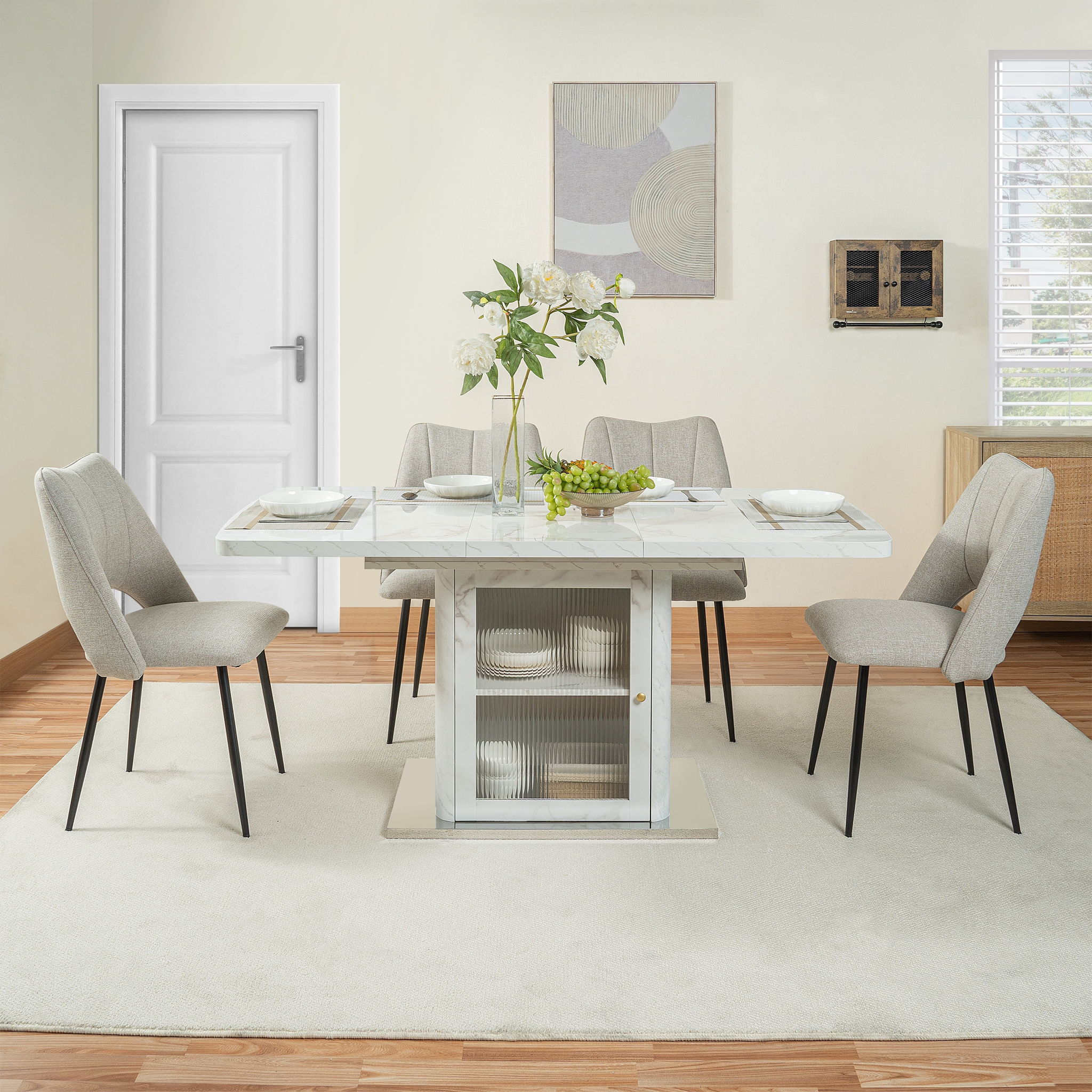 Modern Rectangle Dining Table With Stretchable Top, Storage Cabinet