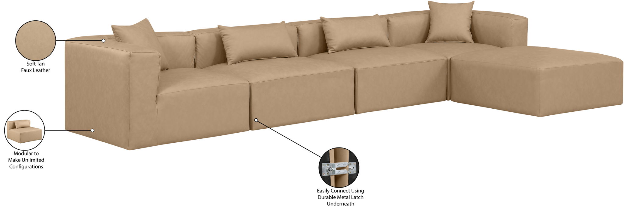 Cube - 5 Piece Modular Sectional With Chaise - Tan