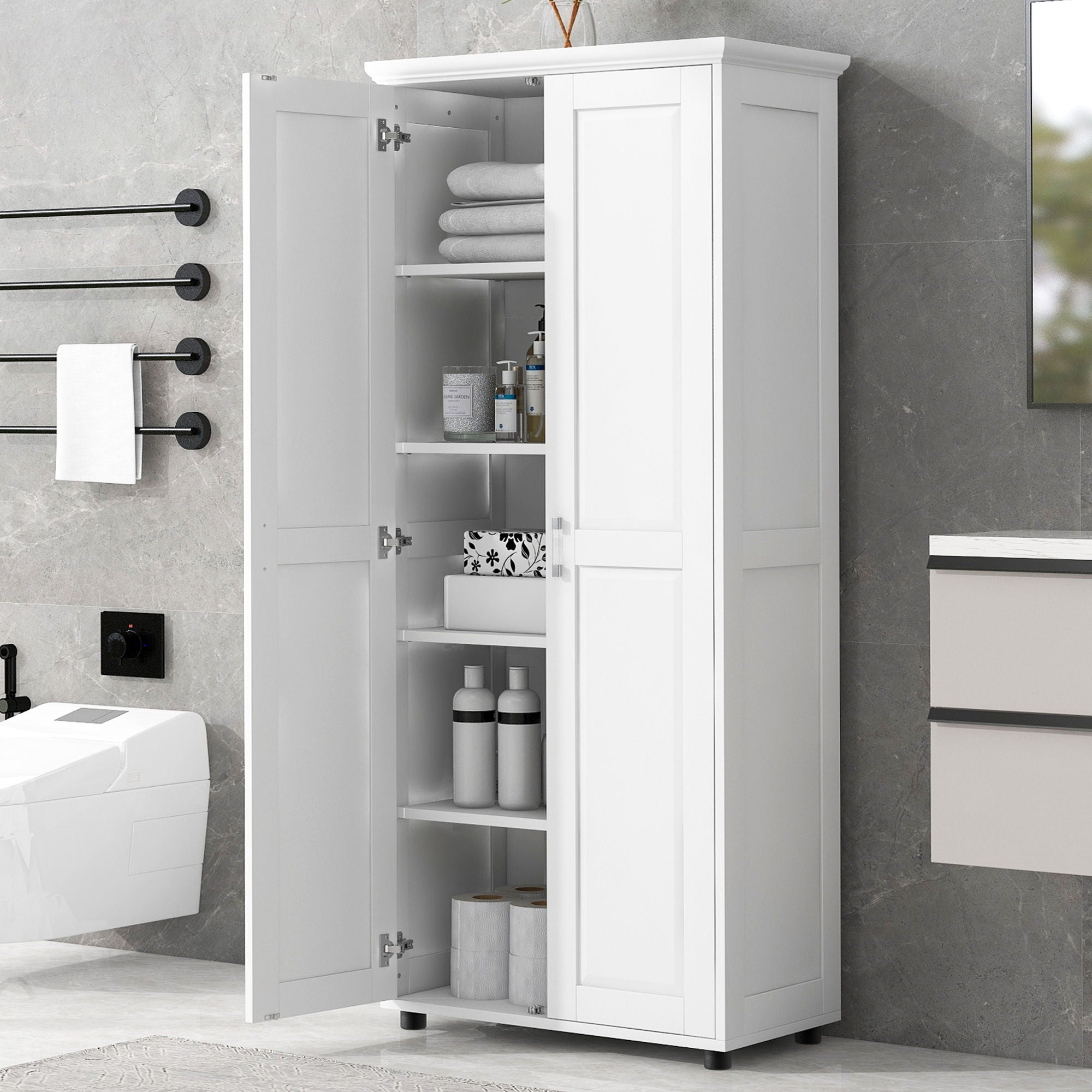 Storage Cabinet With Adjustable Shelves, 2 Doors, Rectangle Design For Bathroom