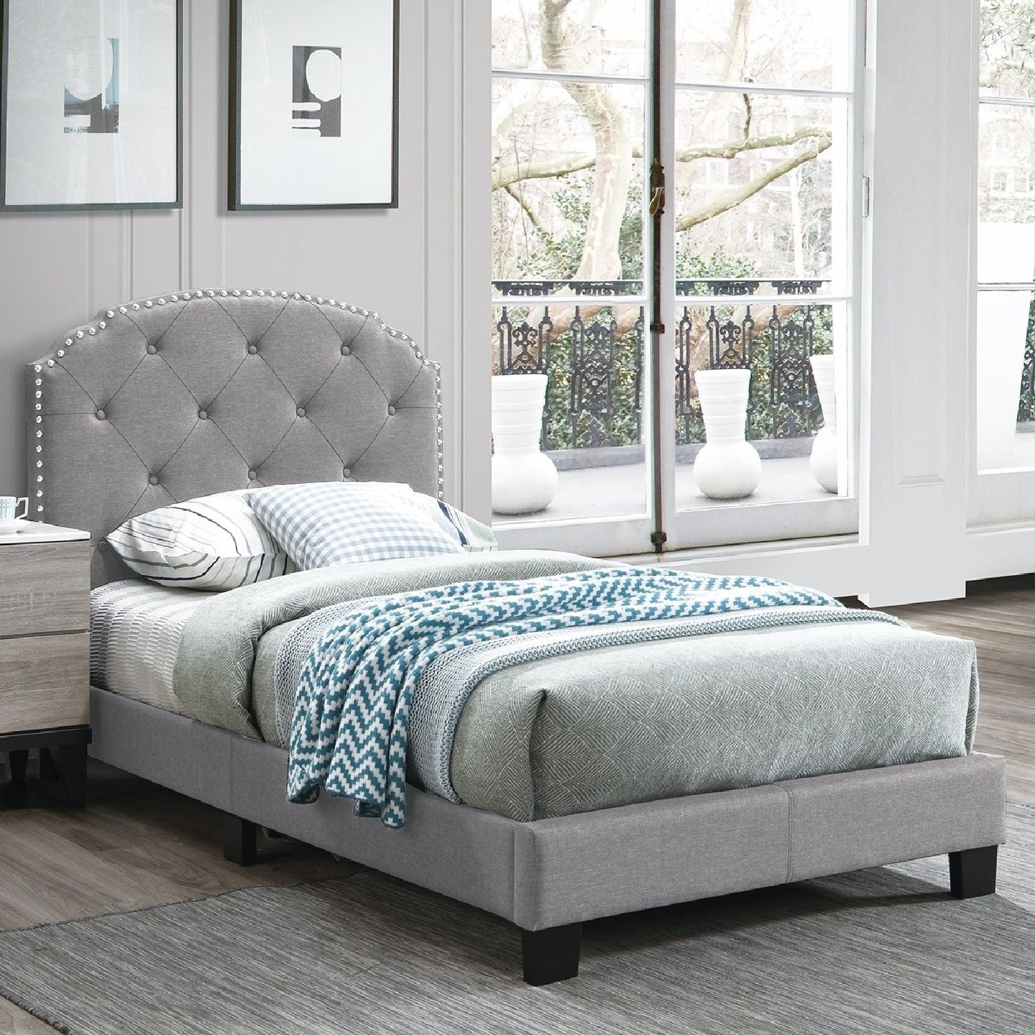 Button Tufted Bed With Nailhead Trim
