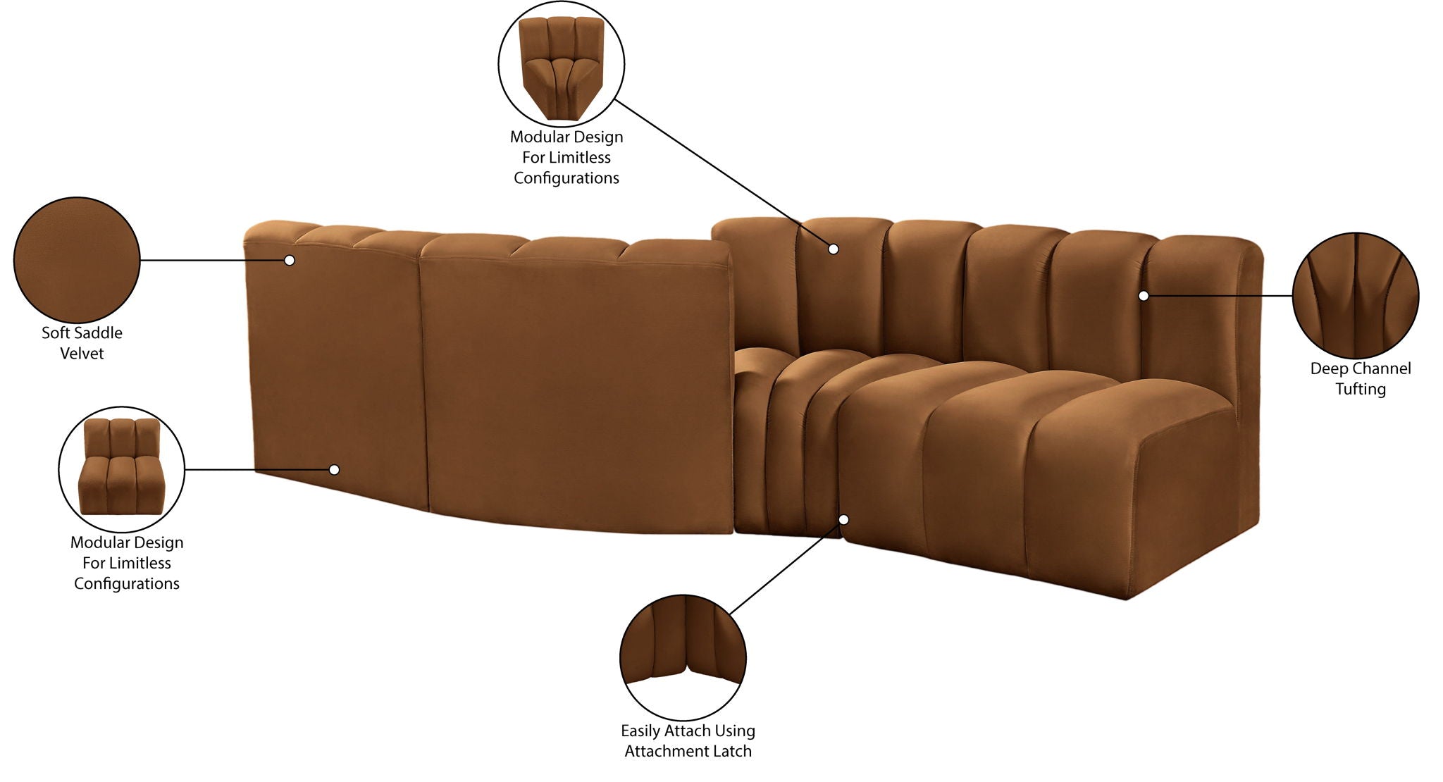 Arc - Velvet 4 Piece Sofa - Saddle