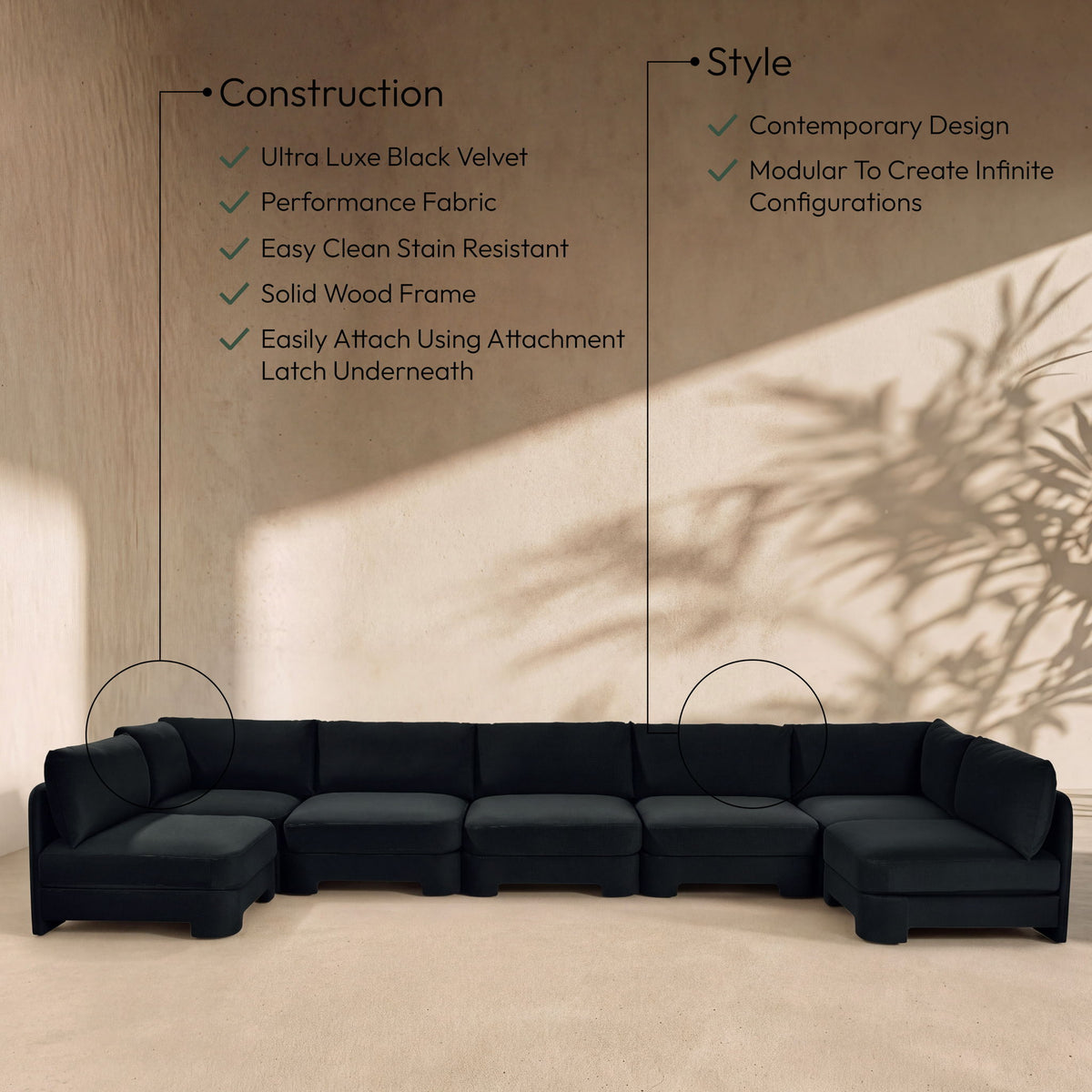 Hammond - Velvet Performance Fabric Upholstered 7 Piece U-Shaped Armless Sectional