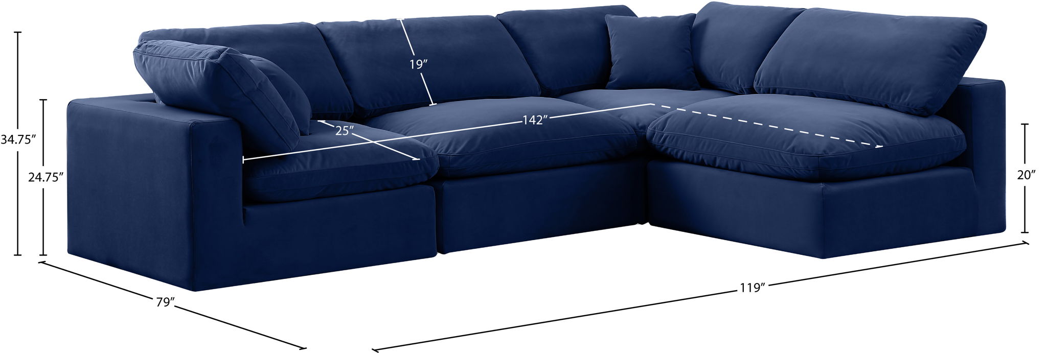 Comfy - 4 Piece Velvet Modular Armless Sectional
